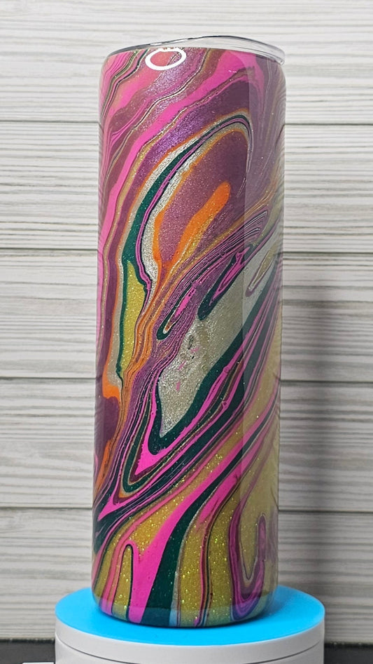 30oz Skinny Pink/Purple/Green Ink Swirl with Yellow Glitter Epoxy Tumbler