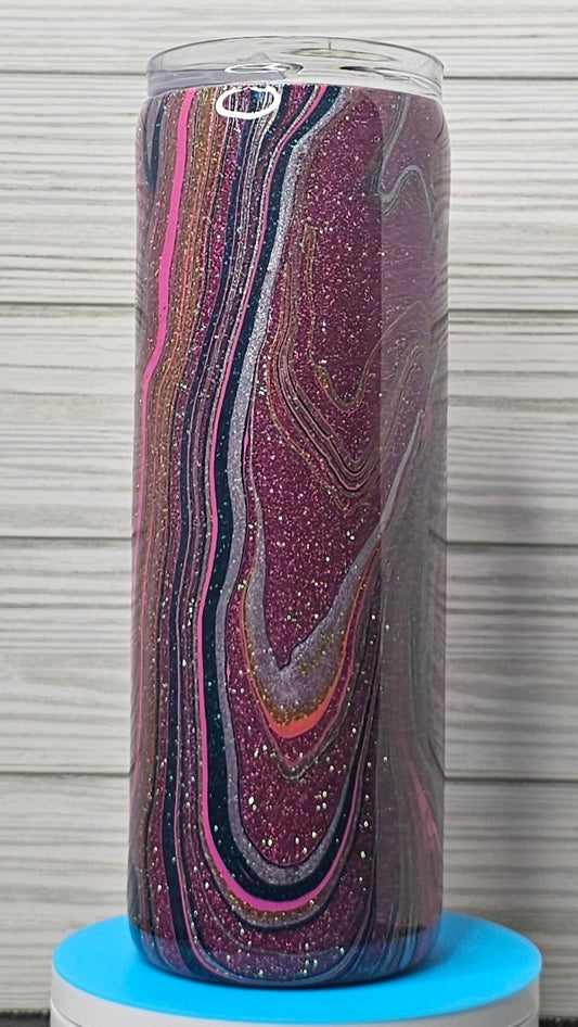 20oz Skinny Pink Ink and Paint Swirl Glitter Epoxy Tumbler