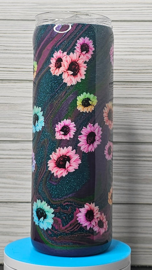 20oz Skinny Teal Glitter Paint Swirl with Flowers Epoxy Tumbler