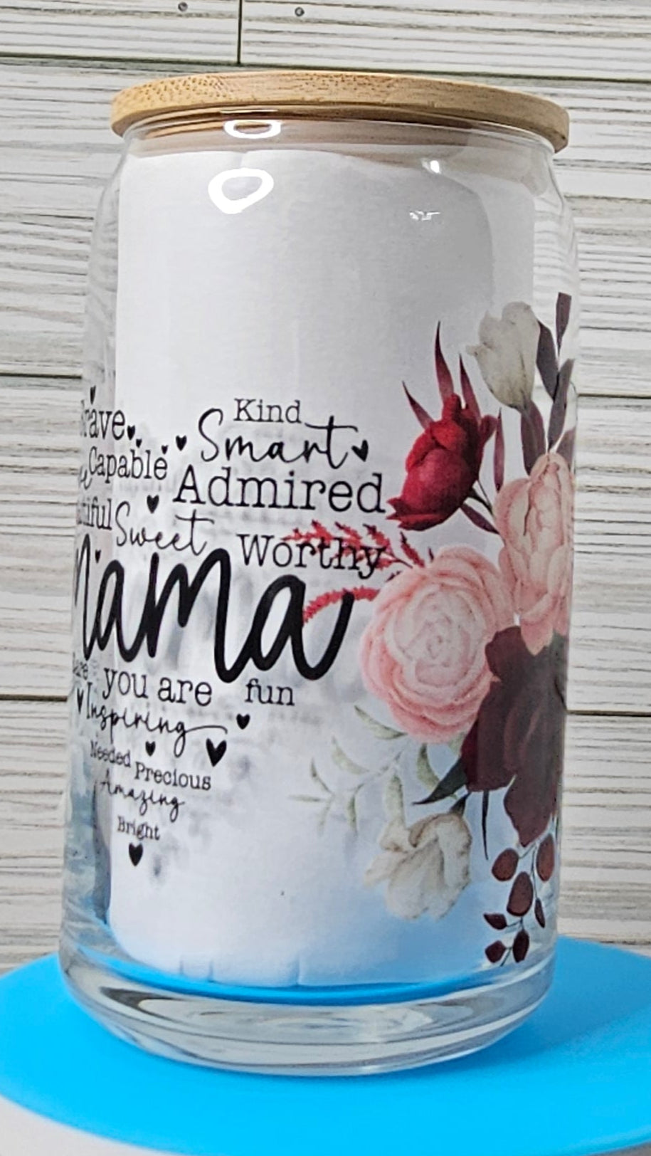 16oz Glass Can Mama- Brave/Kind/Smart UVDTF Decal