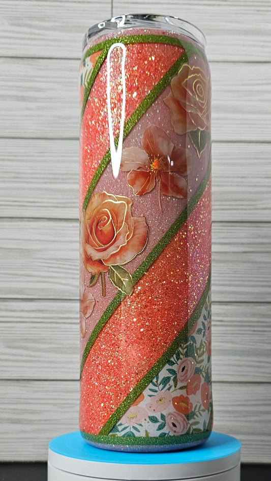 30oz Floral Vinyl Twist Coral Glitter Epoxy Tumbler