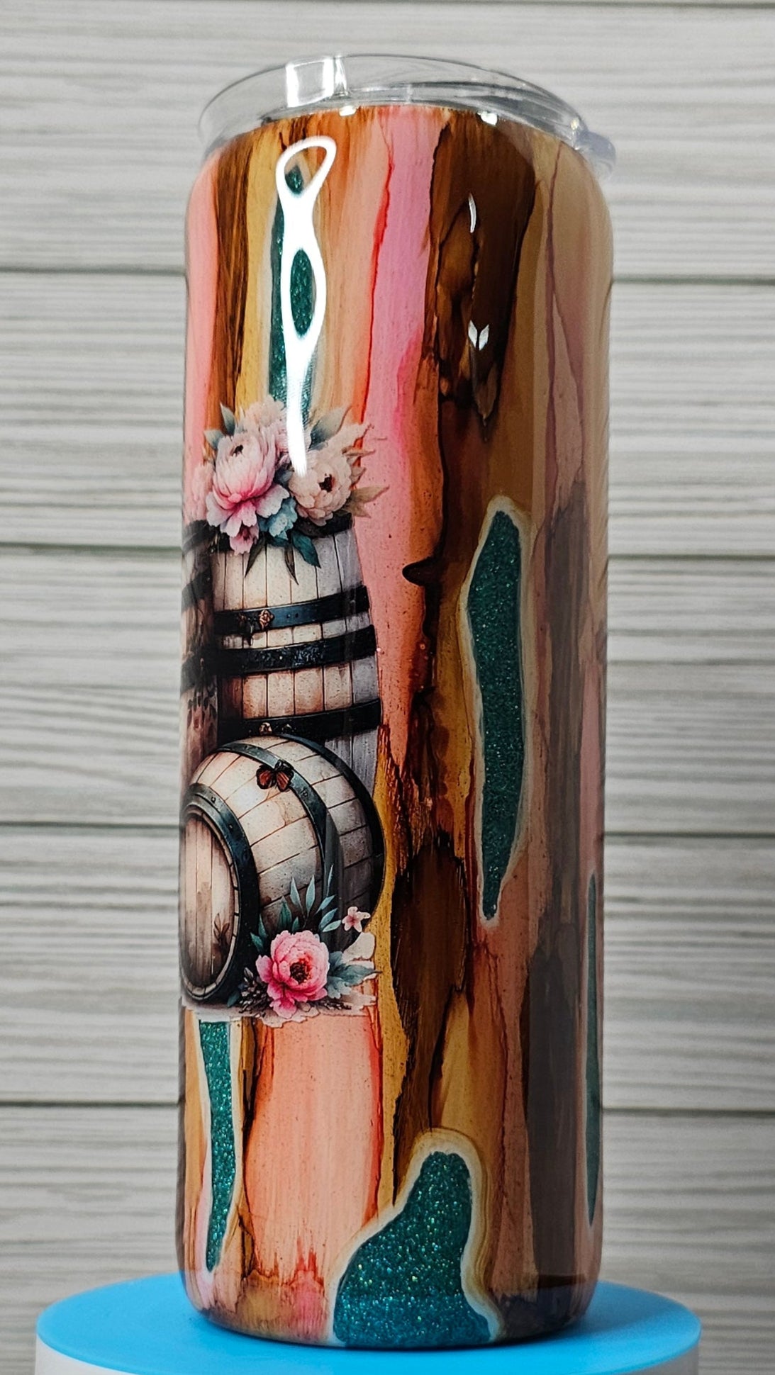 20oz Skinny Wood Grain Colorful Glitter with Barrels Epoxy Tumbler