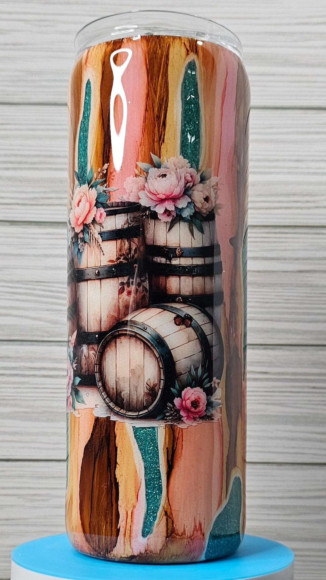 20oz Skinny Wood Grain Colorful Glitter with Barrels Epoxy Tumbler