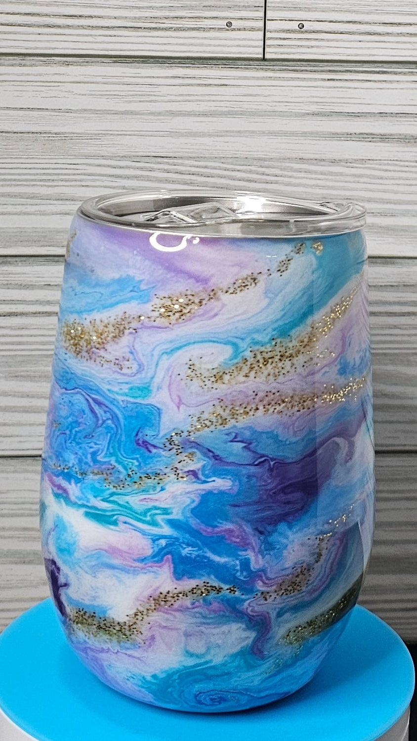 15oz Stemless Wine Overthink This Purple & Blue Ink Swirl with Gold Vein Epoxy Tumbler
