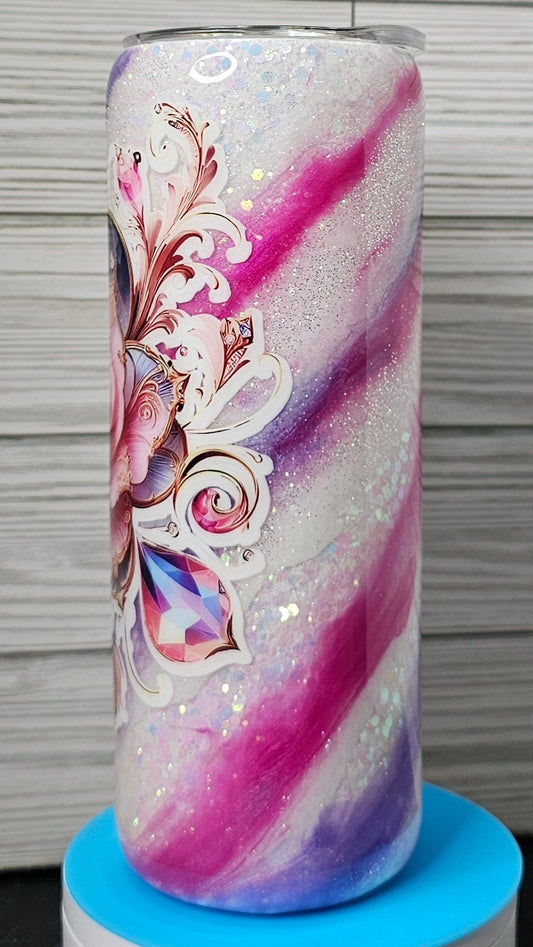 20oz Skinny Pink/Purple Milky Way with Flower Epoxy Tumbler