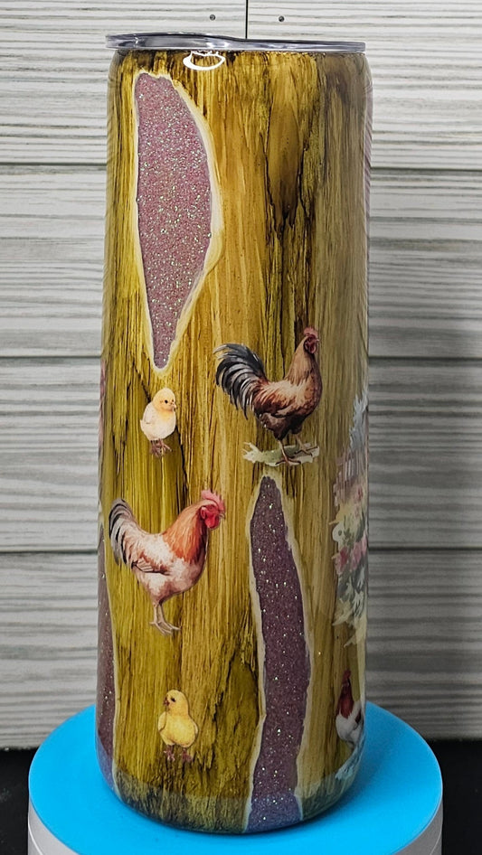 20oz Skinny Wood Grain Farmhouse Chickens on Pink Glitter Epoxy Tumbler