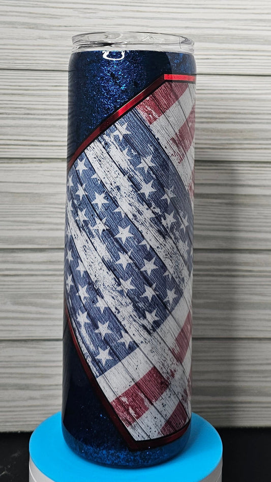 30oz Skinny Blue/Black American Flag Diamond Epoxy Tumbler