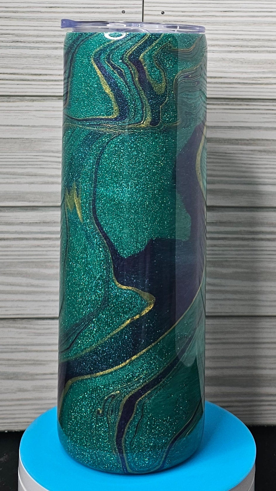20oz Skinny with Handle Teal/Blue/Gold Ink Swirl and Hydro-dip Epoxy Tumbler