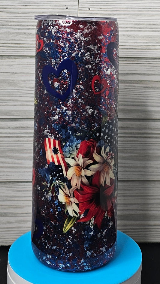 20oz Skinny Patriotic Foil Flake Butterfly Flowers Epoxy Tumbler