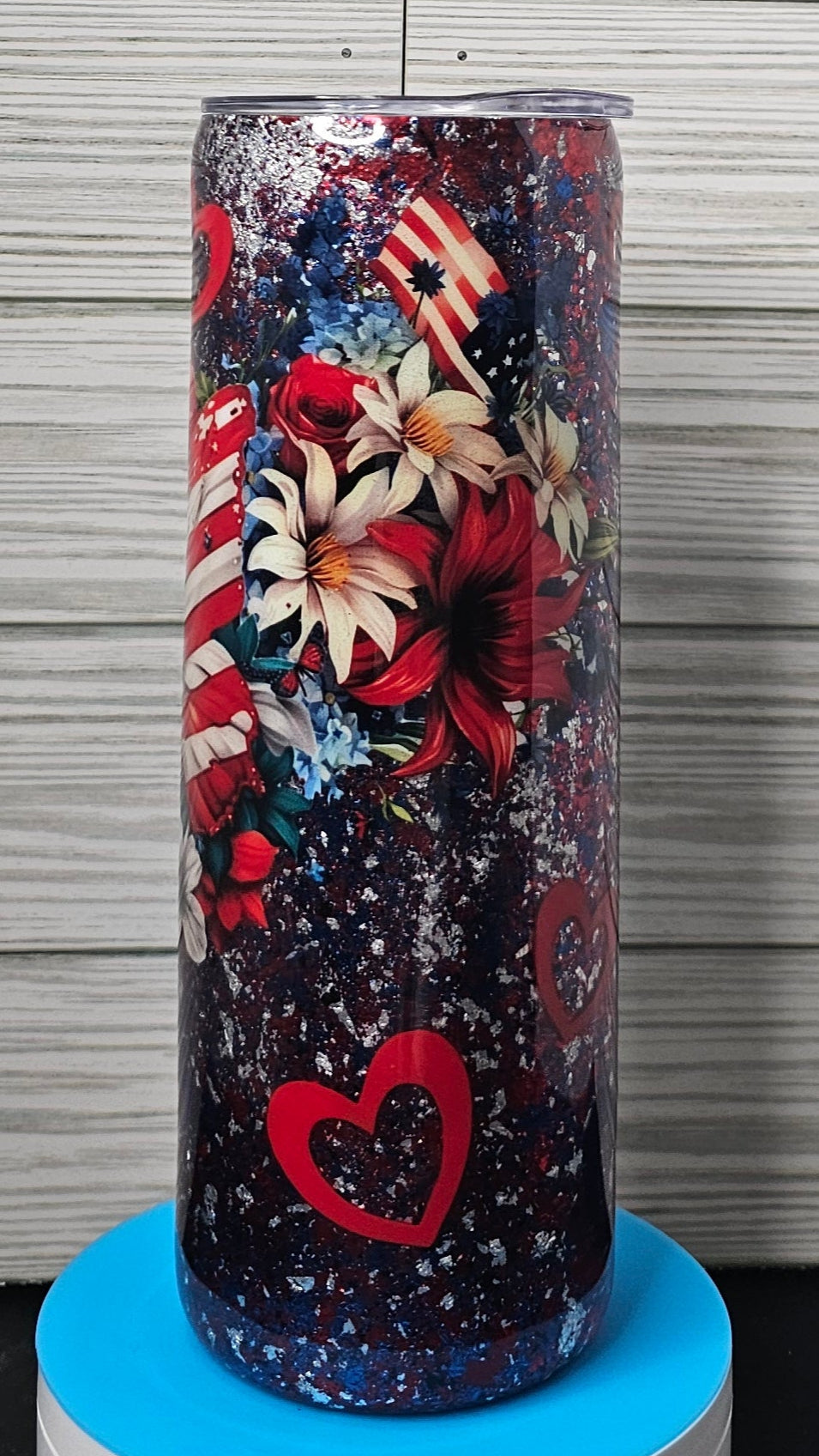 20oz Skinny Patriotic Foil Flake Butterfly Flowers Epoxy Tumbler