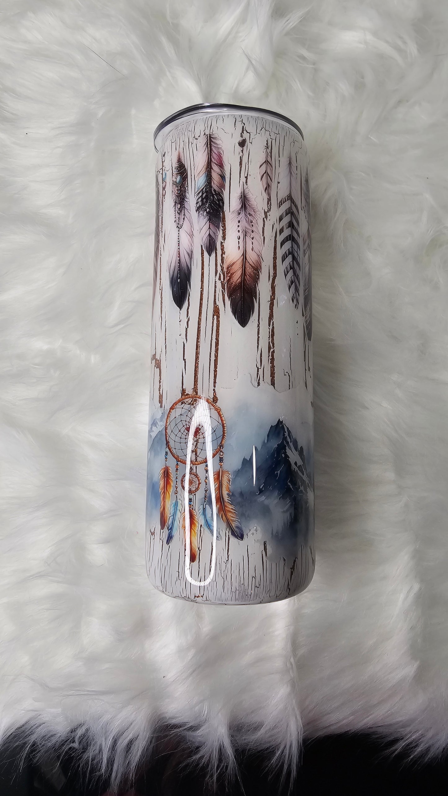 20oz Skinny Gold Glitter White Crackle Wolf with Feathers Epoxy Tumbler