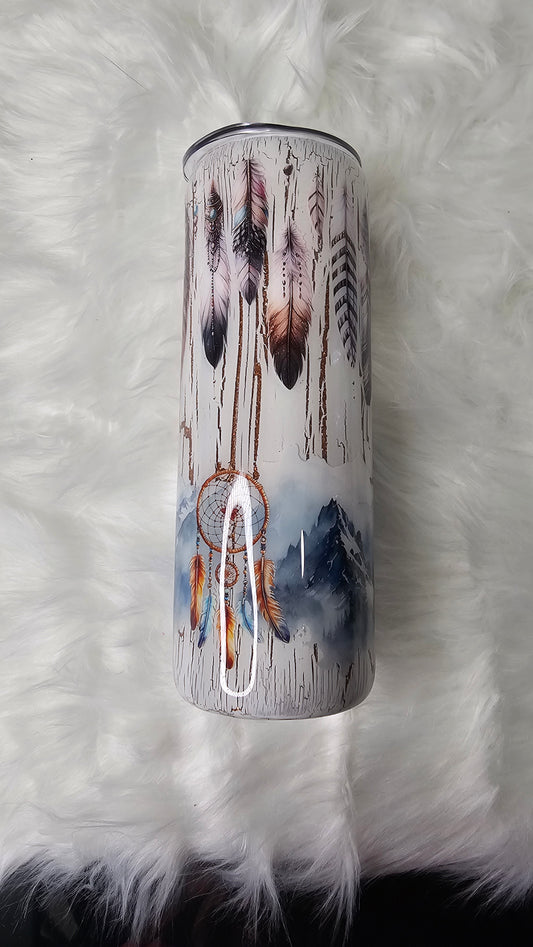 20oz Skinny Gold Glitter White Crackle Wolf with Feathers Epoxy Tumbler