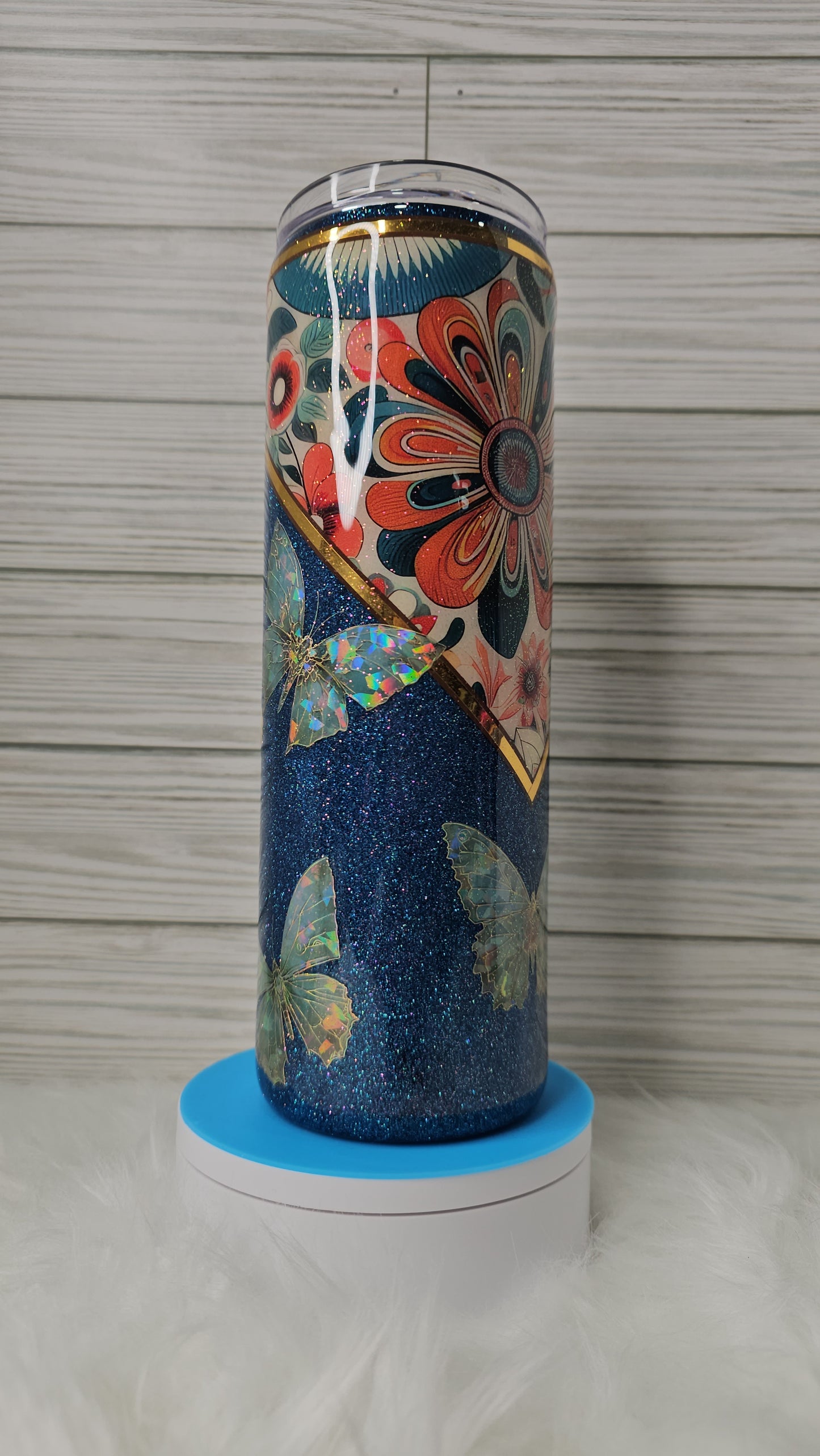 30oz Skinny Vinyl Glitter Floral V-split Epoxy Tumbler
