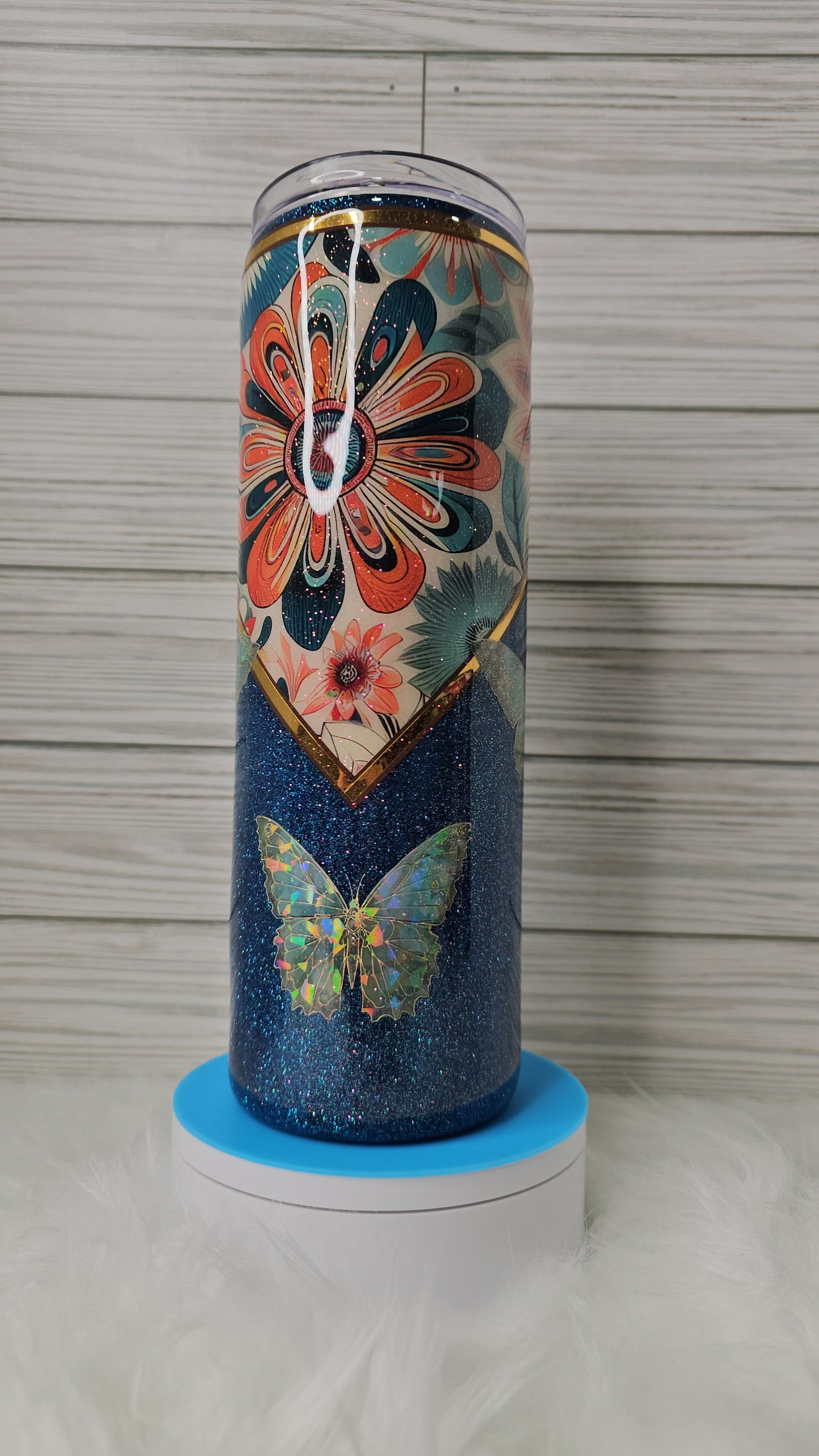 30oz Skinny Vinyl Glitter Floral V-split Epoxy Tumbler
