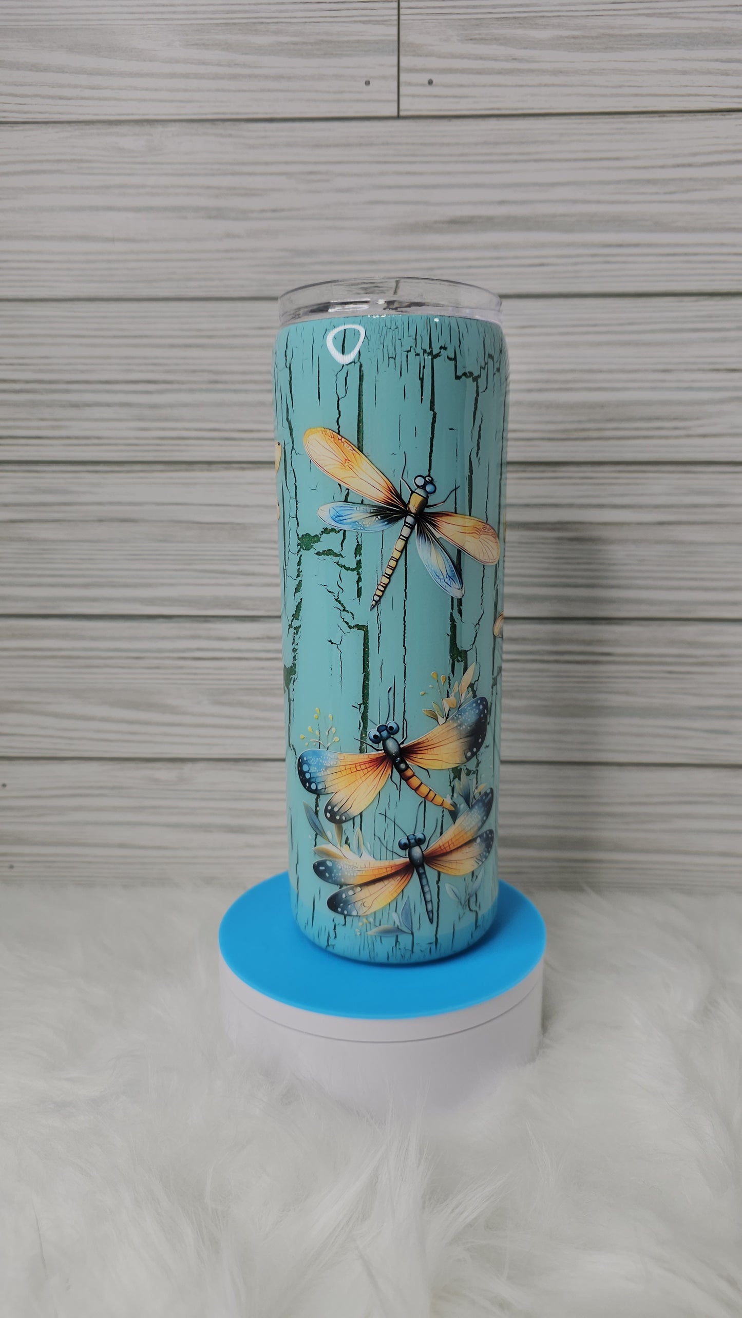 20oz Skinny Green Glitter Blue Crackle Dragonfly Trying My Best Epoxy Tumbler