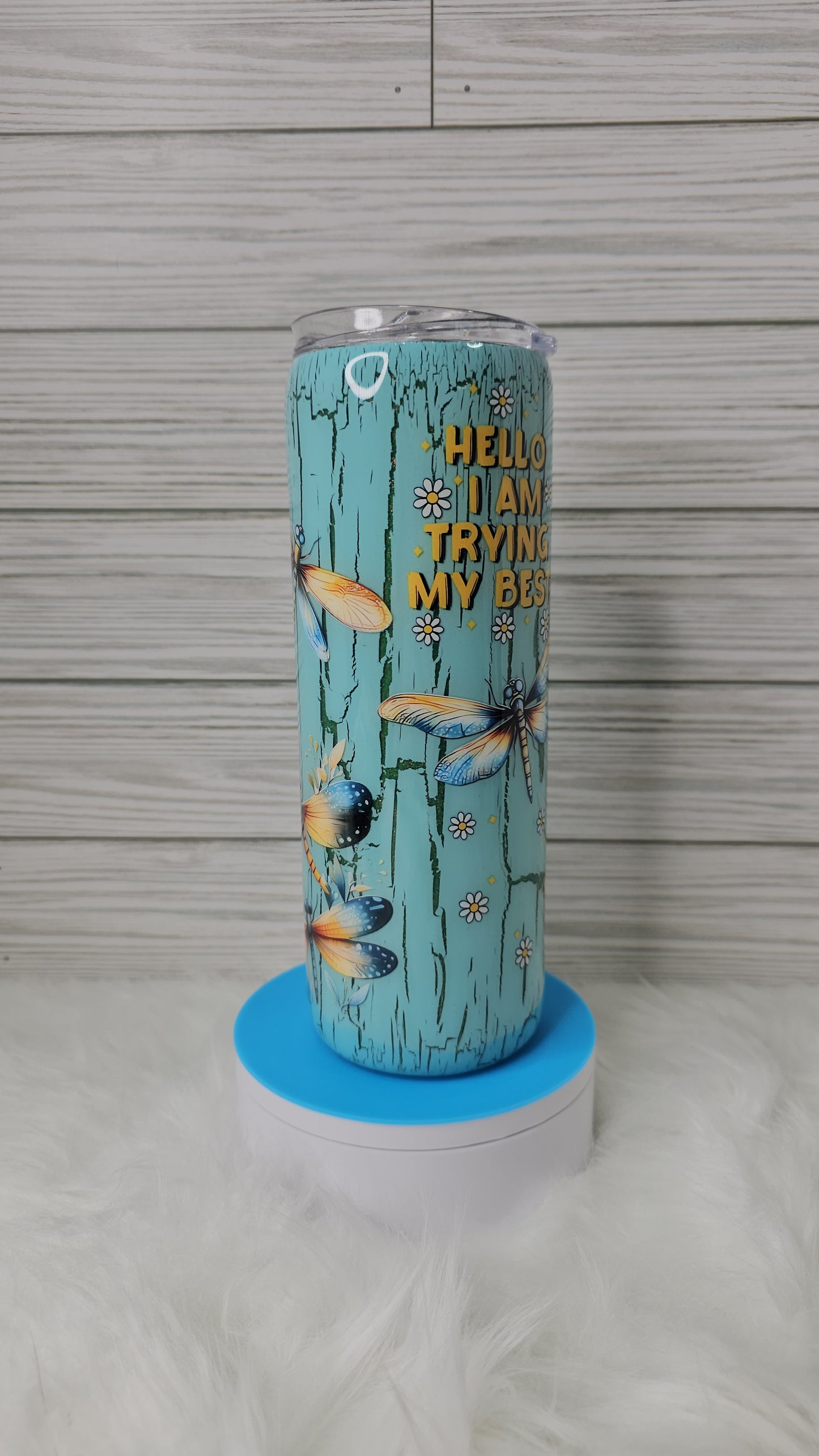20oz Skinny Green Glitter Blue Crackle Dragonfly Trying My Best Epoxy Tumbler