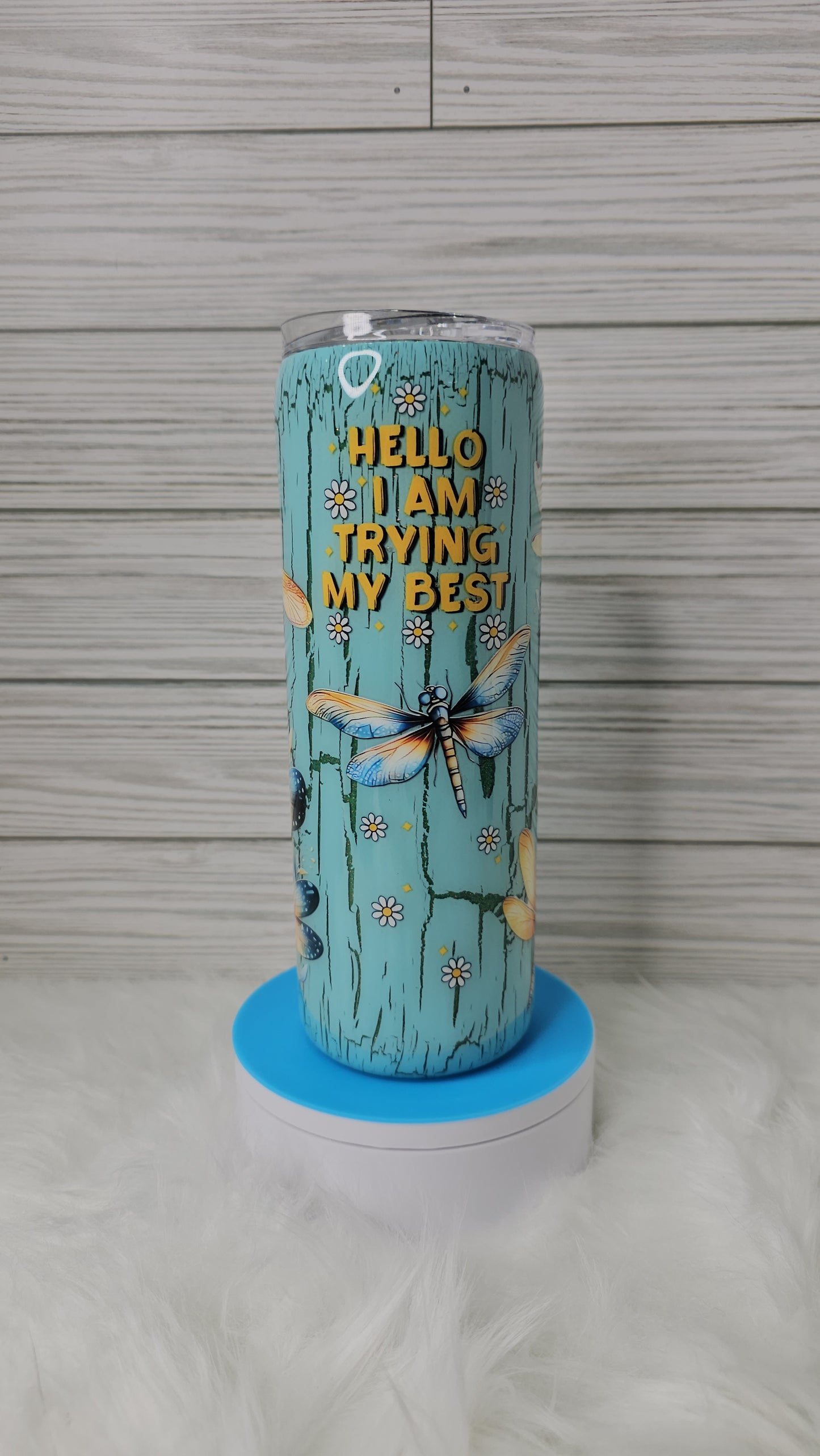 20oz Skinny Green Glitter Blue Crackle Dragonfly Trying My Best Epoxy Tumbler