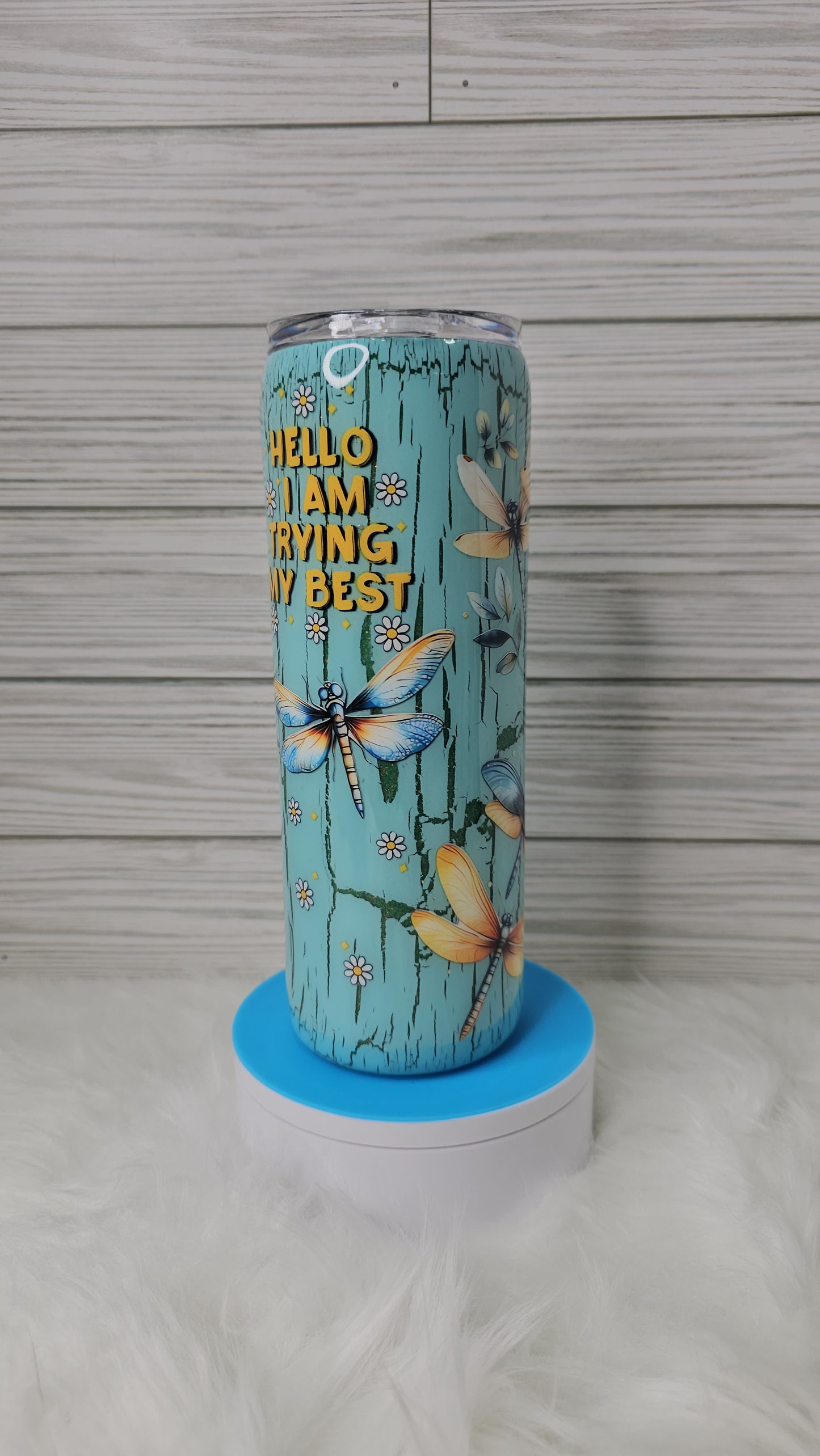 20oz Skinny Green Glitter Blue Crackle Dragonfly Trying My Best Epoxy Tumbler