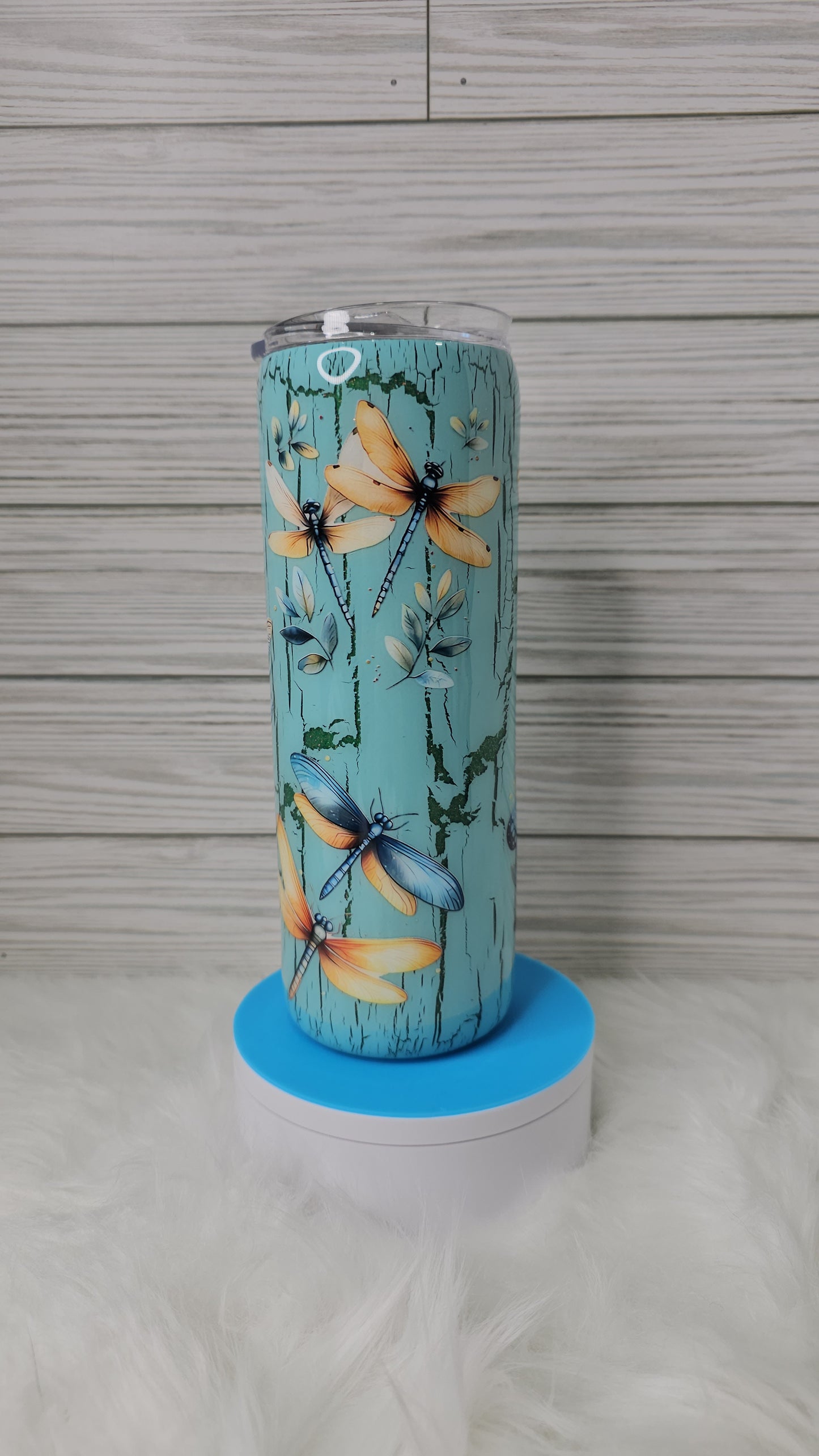 20oz Skinny Green Glitter Blue Crackle Dragonfly Trying My Best Epoxy Tumbler