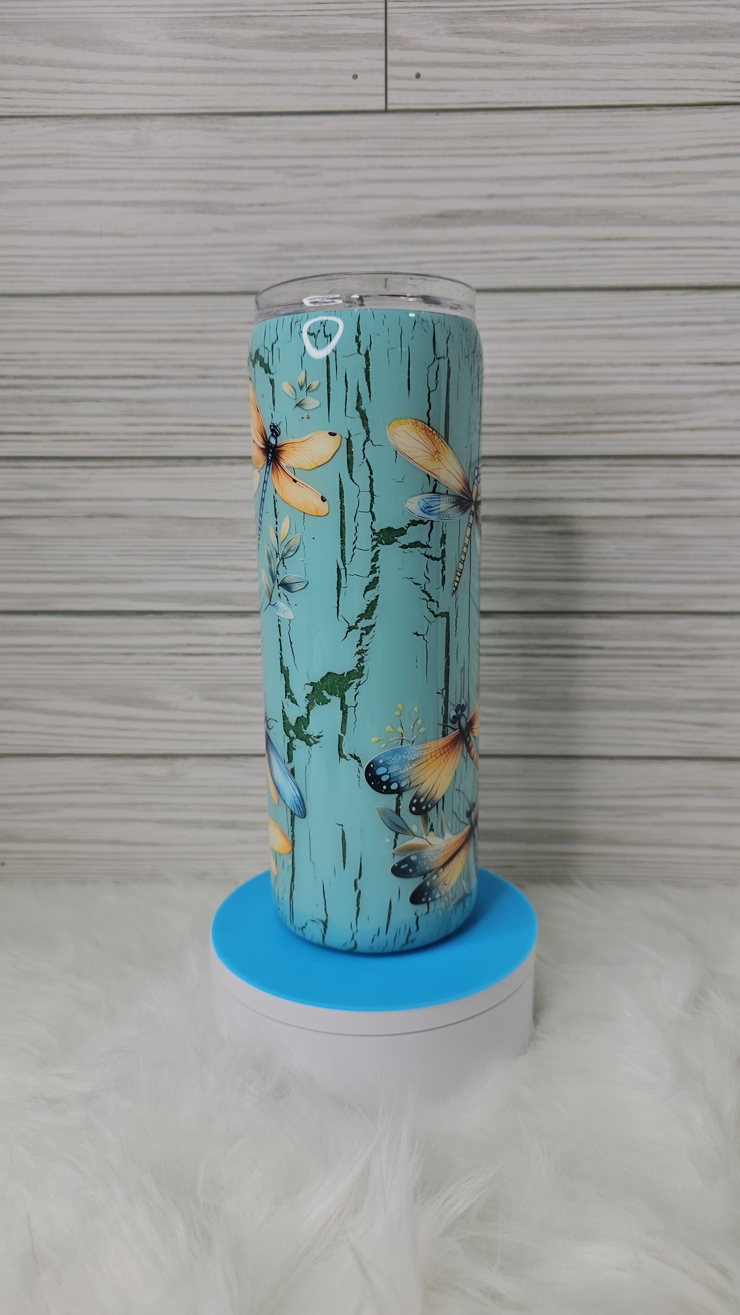 20oz Skinny Green Glitter Blue Crackle Dragonfly Trying My Best Epoxy Tumbler