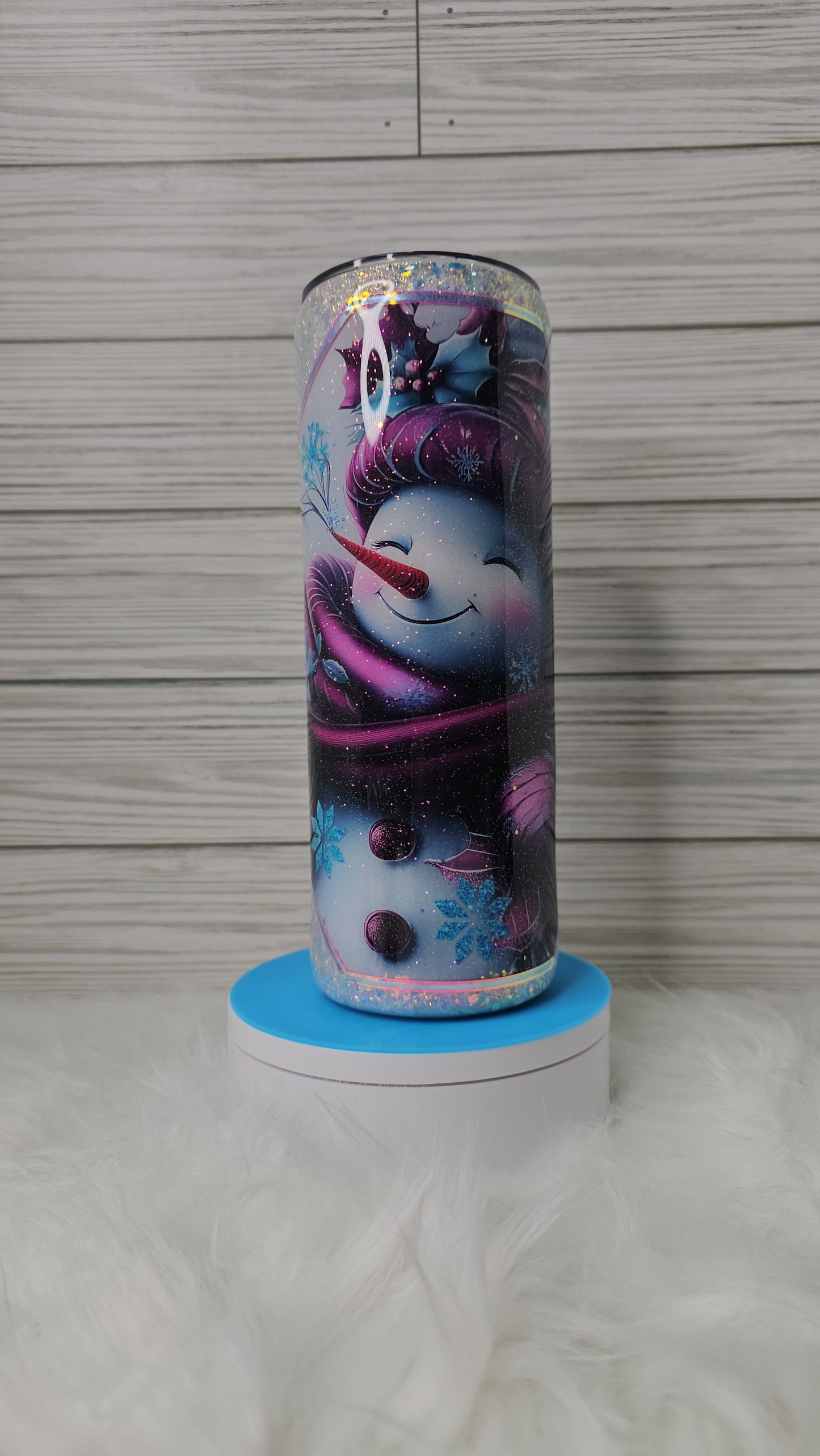20oz Skinny White Glitter Snowman with Snowflake Decals Epoxy Tumbler
