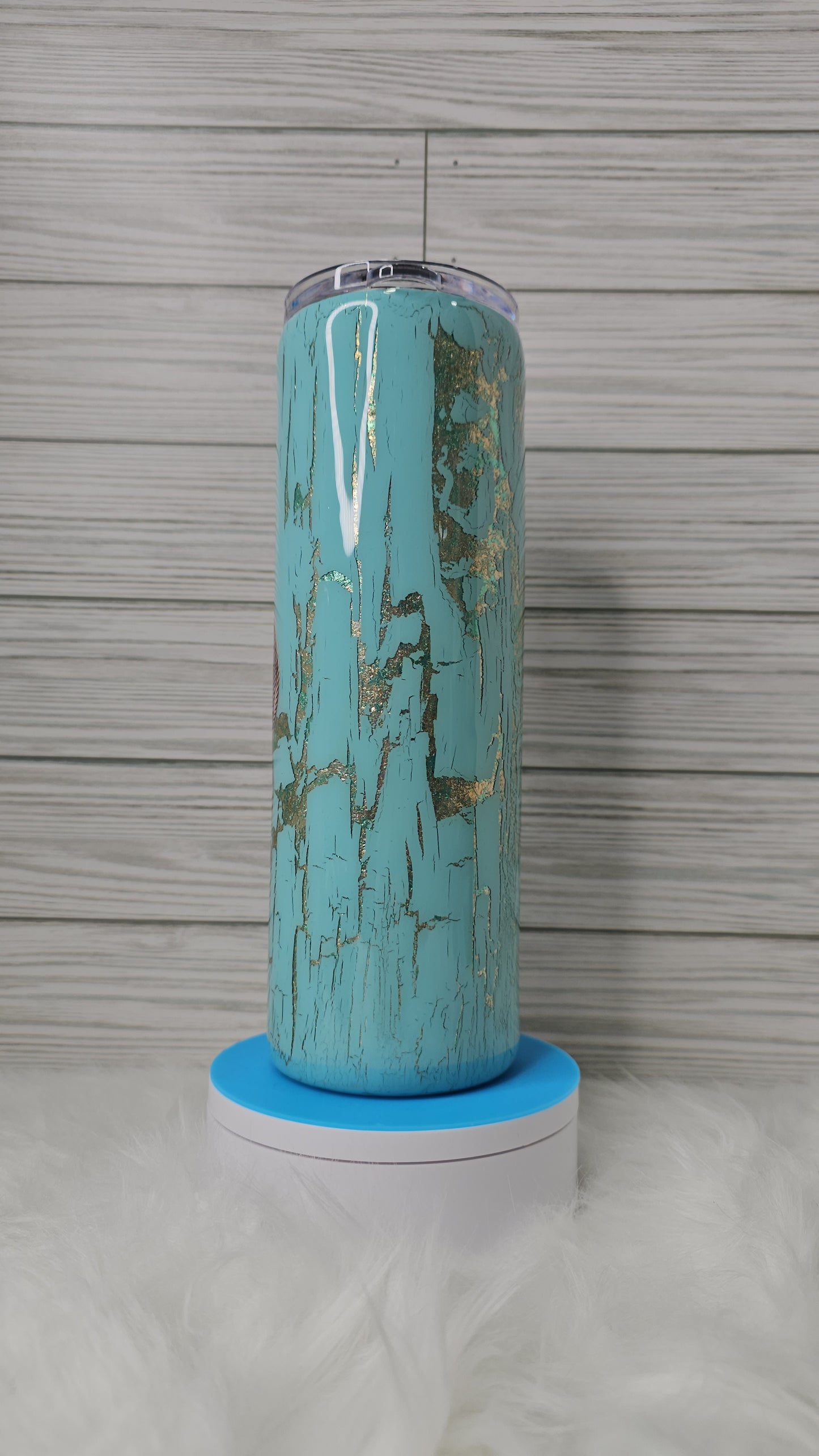 30oz Skinny Blue/Gold Foil Flakes Cowboy Boots with Blue Crackle Epoxy Tumbler