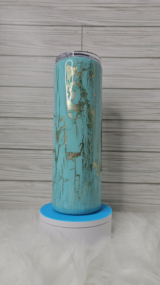 30oz Skinny Blue/Gold Foil Flakes Cowboy Boots with Blue Crackle Epoxy Tumbler