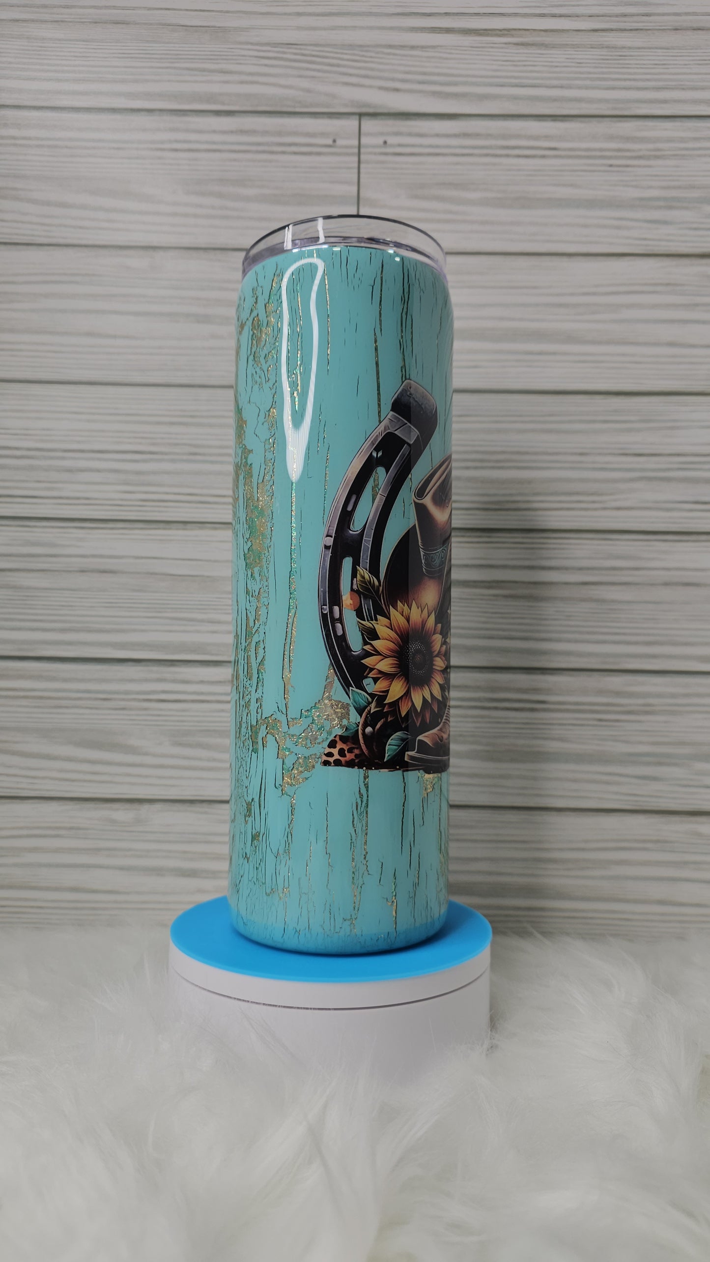 30oz Skinny Blue/Gold Foil Flakes Cowboy Boots with Blue Crackle Epoxy Tumbler