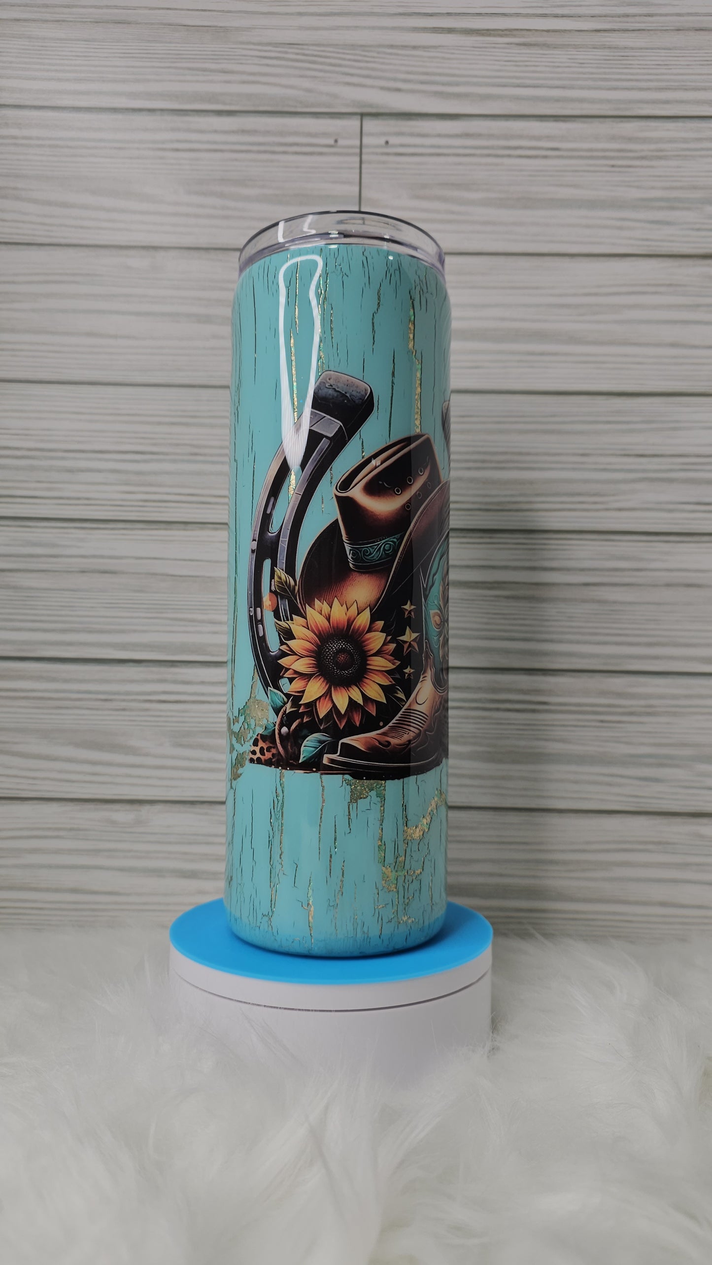 30oz Skinny Blue/Gold Foil Flakes Cowboy Boots with Blue Crackle Epoxy Tumbler