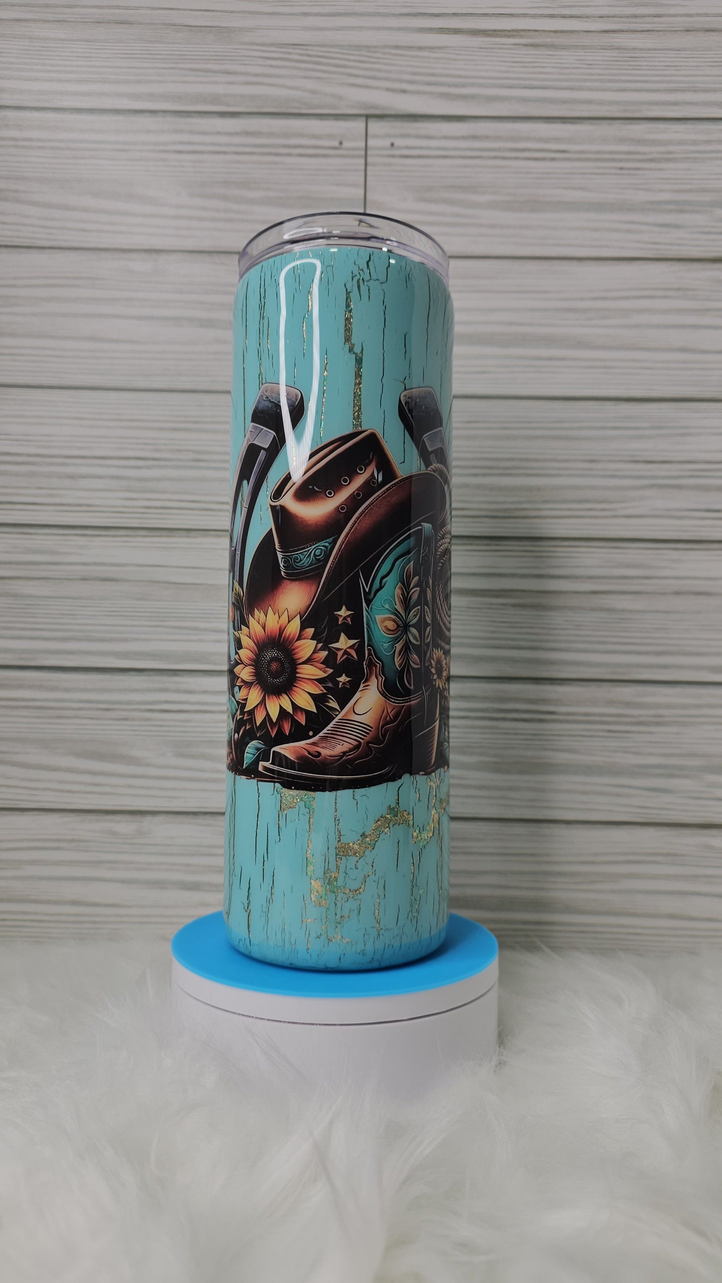 30oz Skinny Blue/Gold Foil Flakes Cowboy Boots with Blue Crackle Epoxy Tumbler