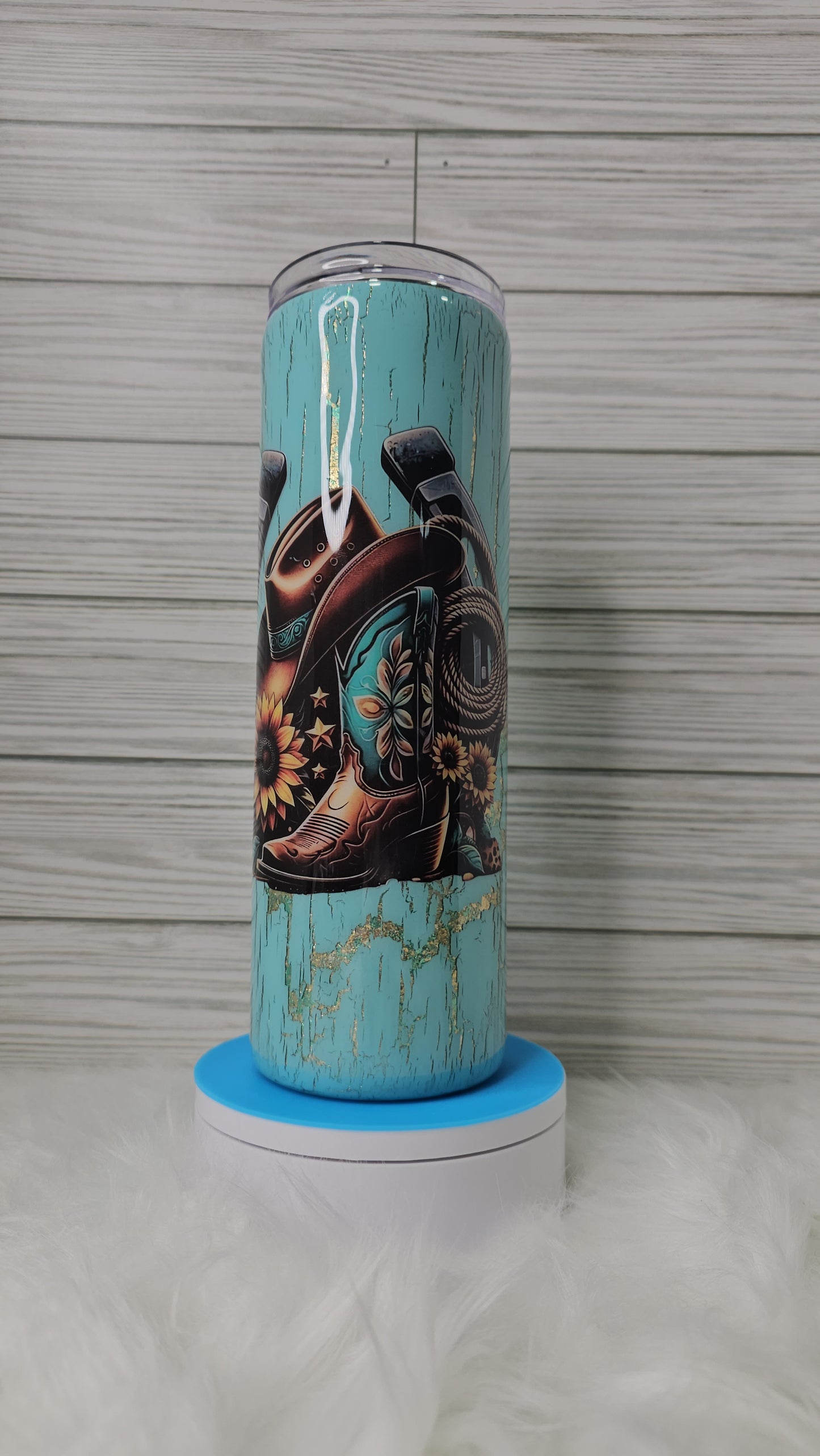 30oz Skinny Blue/Gold Foil Flakes Cowboy Boots with Blue Crackle Epoxy Tumbler
