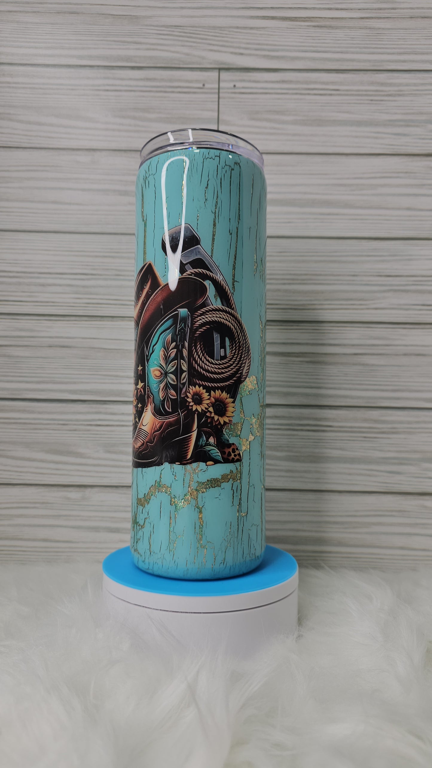 30oz Skinny Blue/Gold Foil Flakes Cowboy Boots with Blue Crackle Epoxy Tumbler