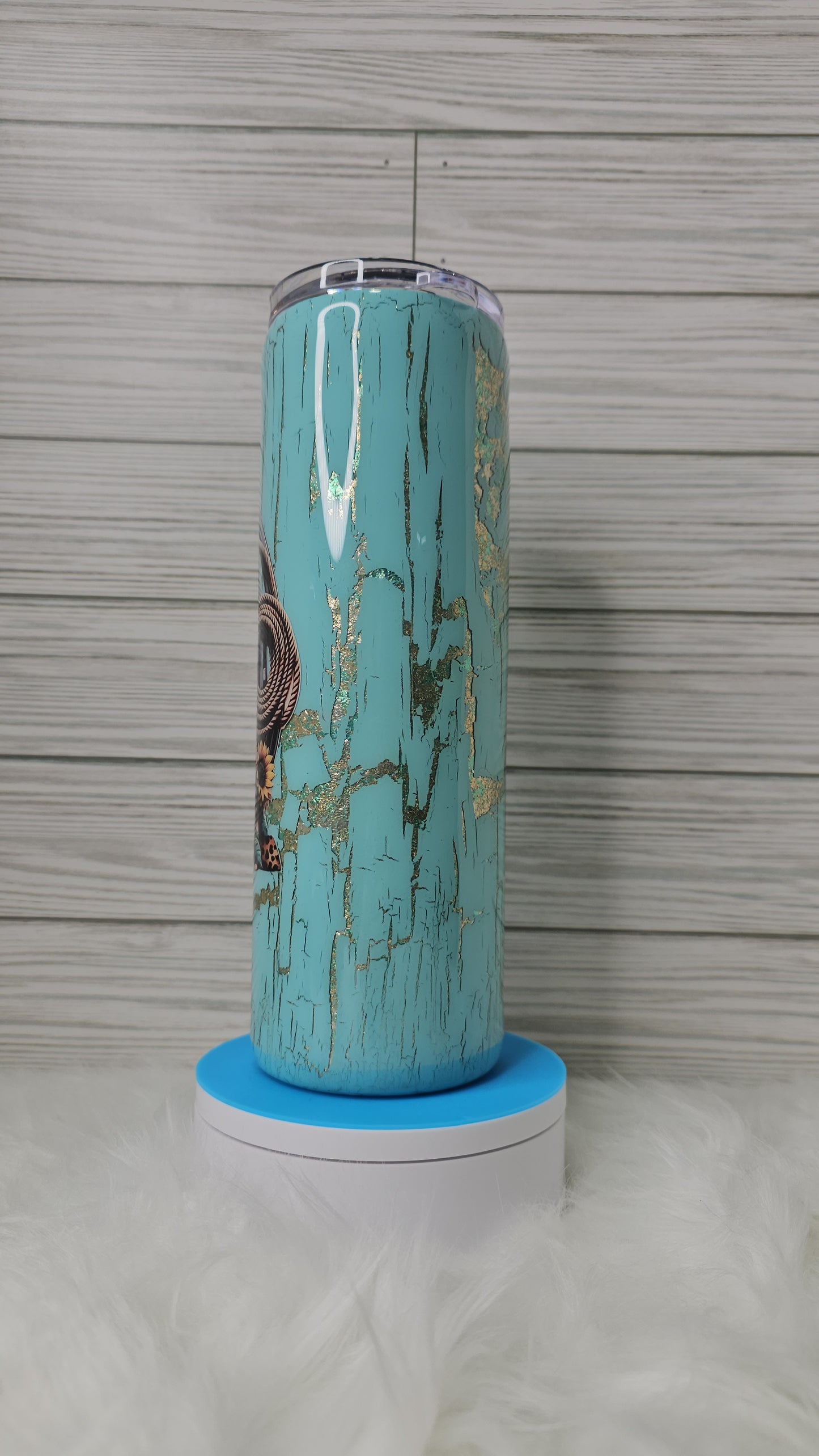 30oz Skinny Blue/Gold Foil Flakes Cowboy Boots with Blue Crackle Epoxy Tumbler