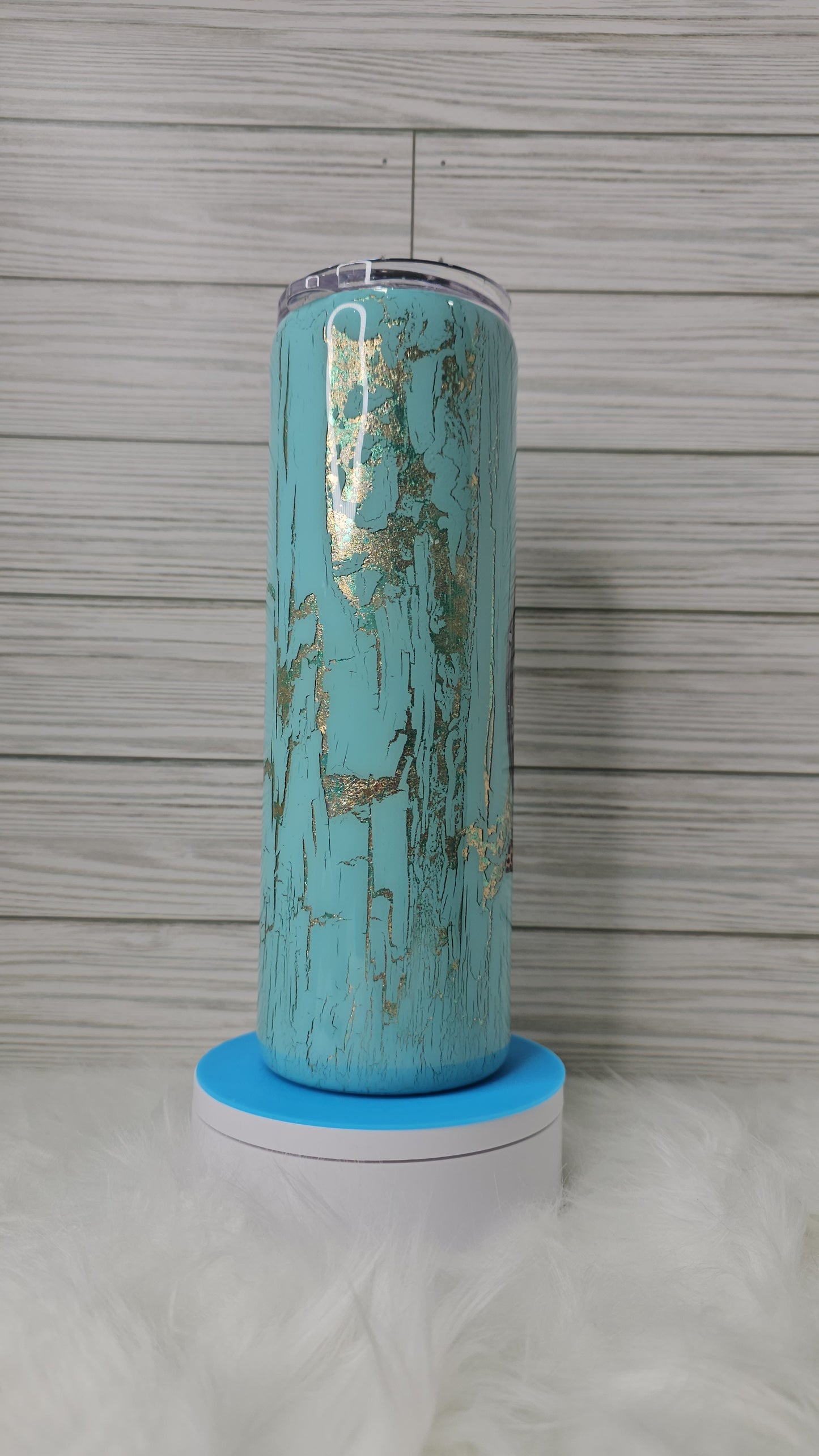30oz Skinny Blue/Gold Foil Flakes Cowboy Boots with Blue Crackle Epoxy Tumbler