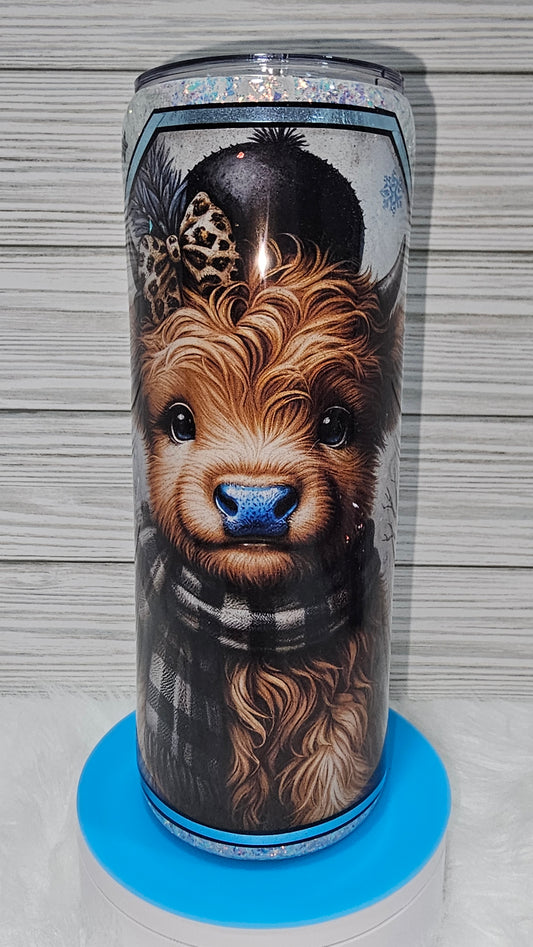 20oz Skinny White Glitter Christmas Cow/Snowman with Snowflakes Epoxy Tumbler