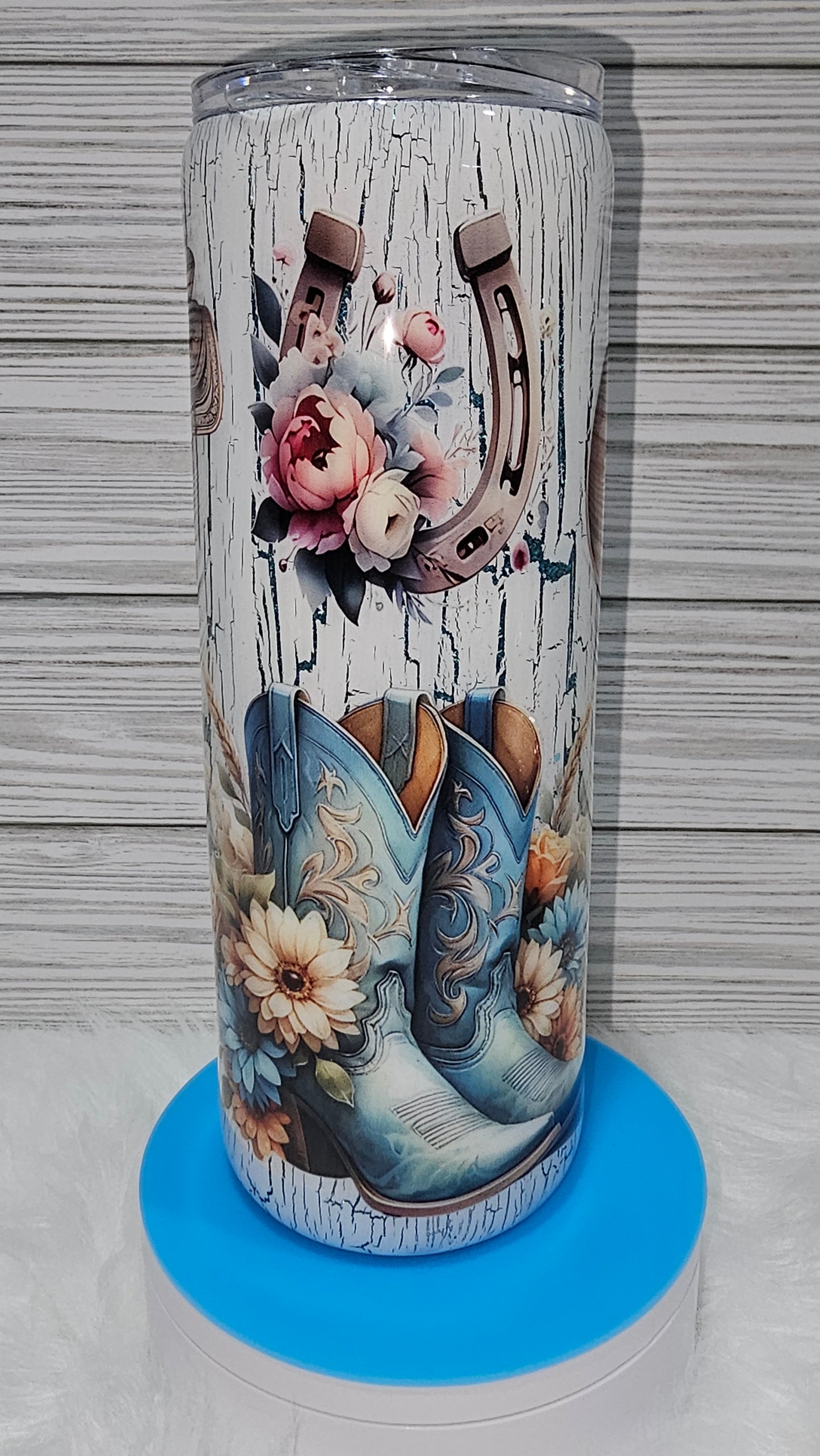 20oz Skinny Teal Glitter Crackle with Western & Floral Epoxy Tumbler