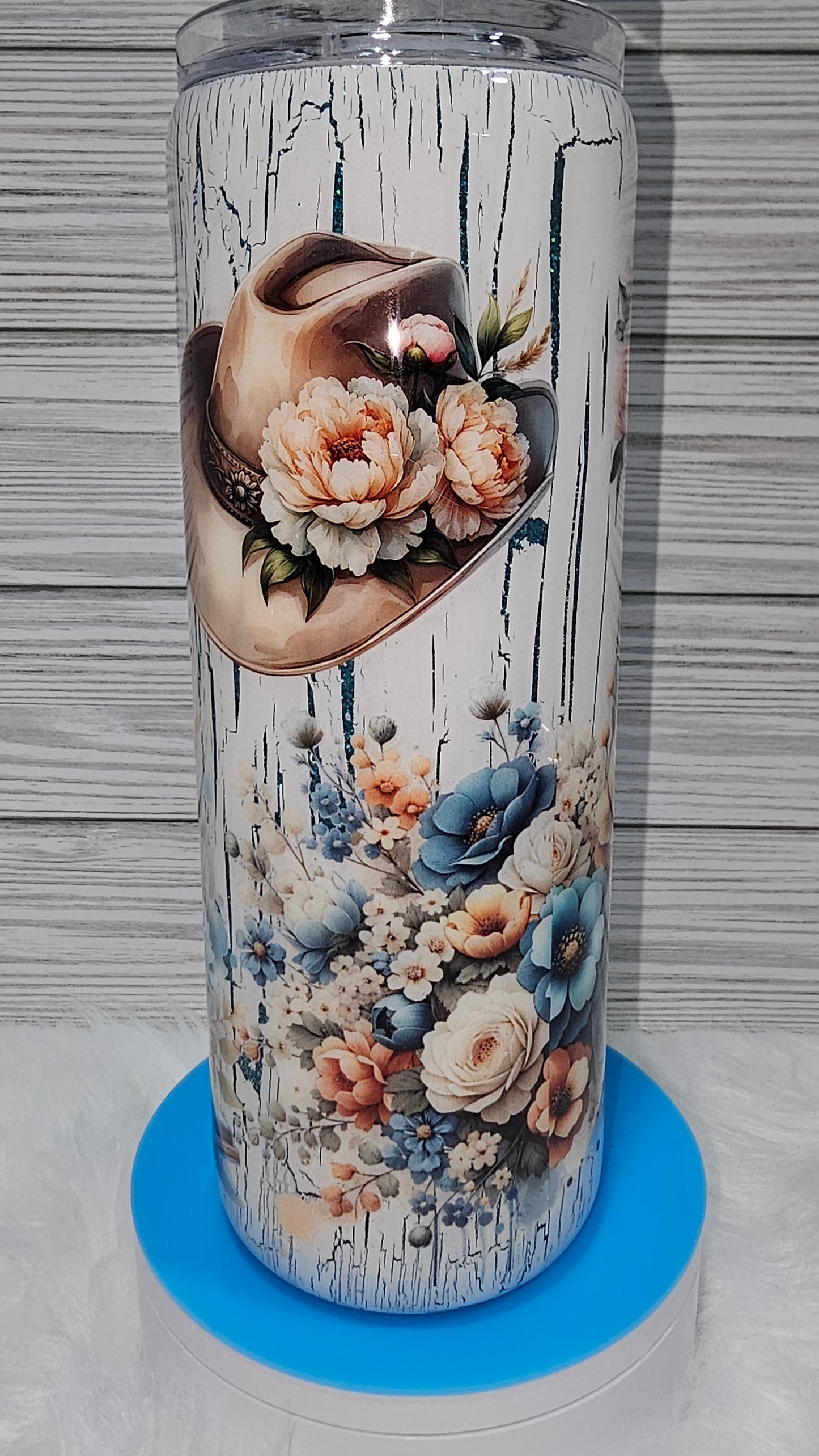 20oz Skinny Teal Glitter Crackle with Western & Floral Epoxy Tumbler