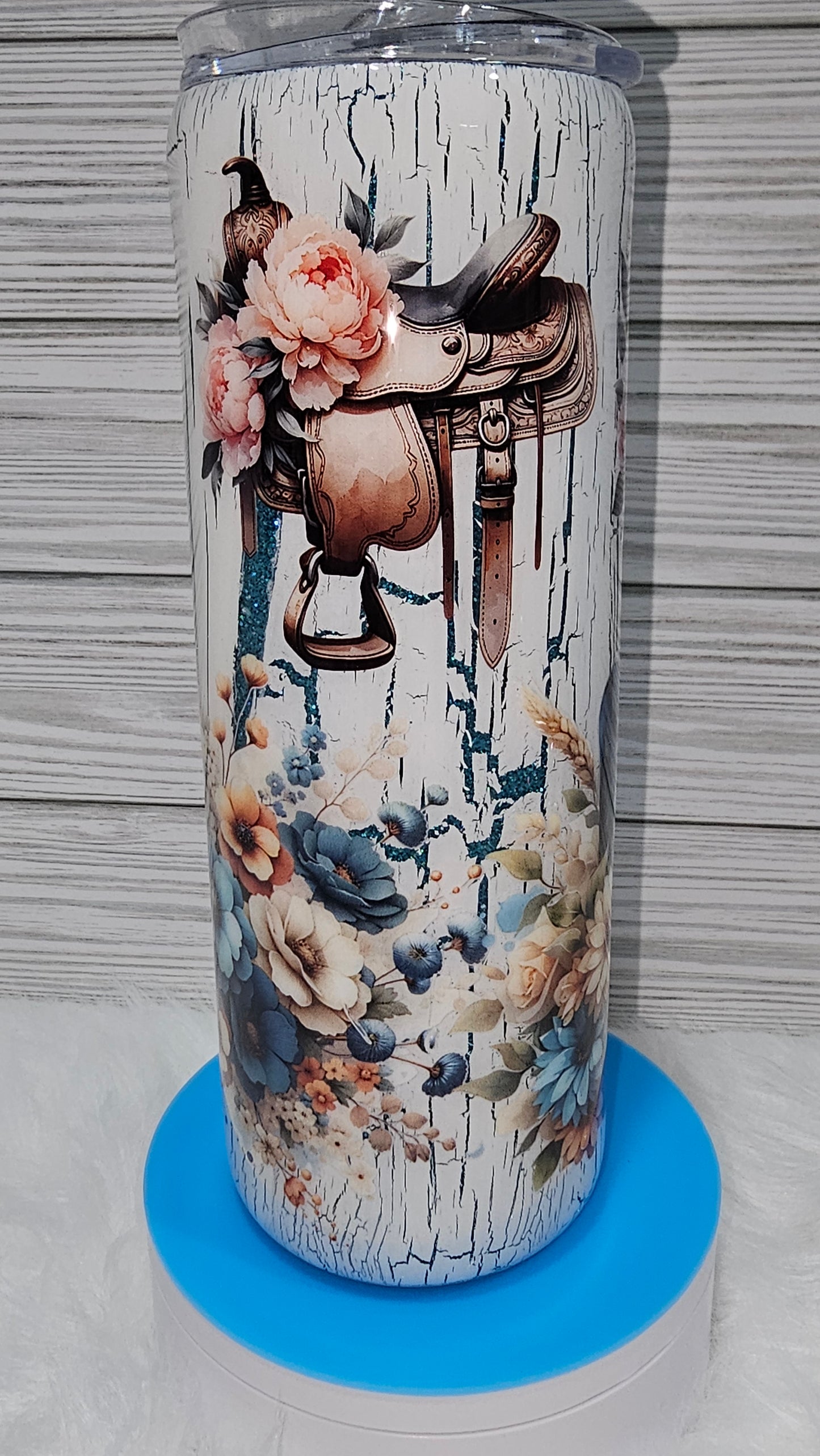 20oz Skinny Teal Glitter Crackle with Western & Floral Epoxy Tumbler