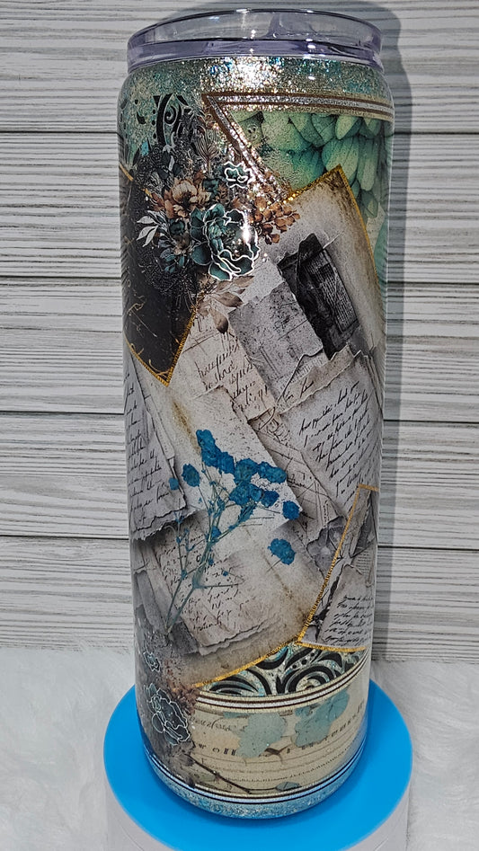 30oz Skinny Mixed Media with Floral/Writing/Dried Flowers Epoxy Tumbler