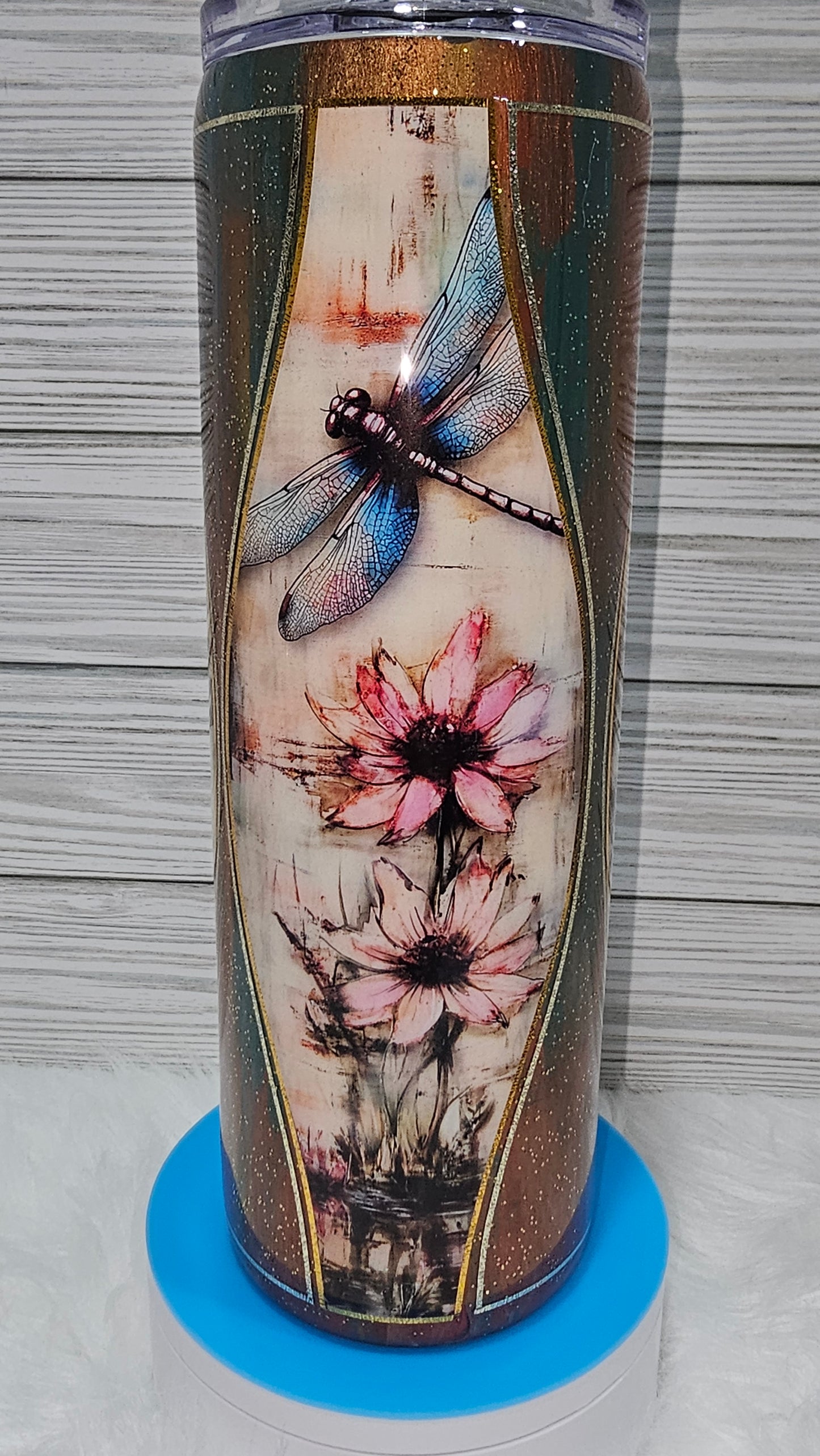 30oz Skinny Distressed Hourglass Dragonfly Epoxy Tumbler