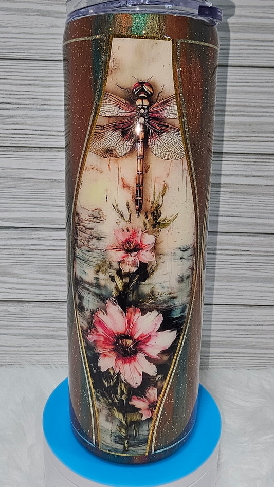 30oz Skinny Distressed Hourglass Dragonfly Epoxy Tumbler