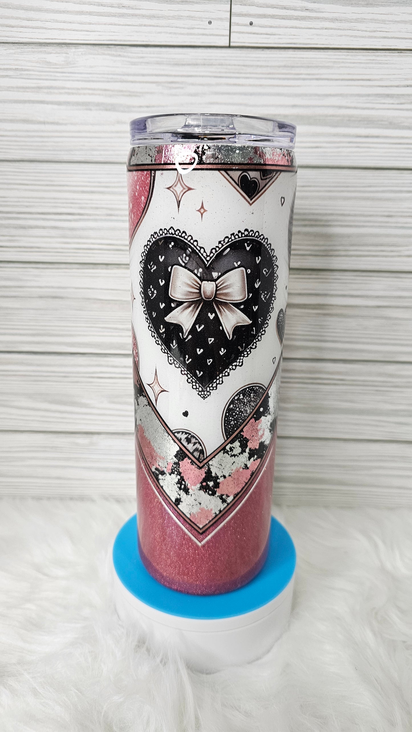 30oz Skinny V-Split Pink Glitter with Valentine's Hearts Vinyl Black/Pink/Silver Flakes Epoxy Tumbler