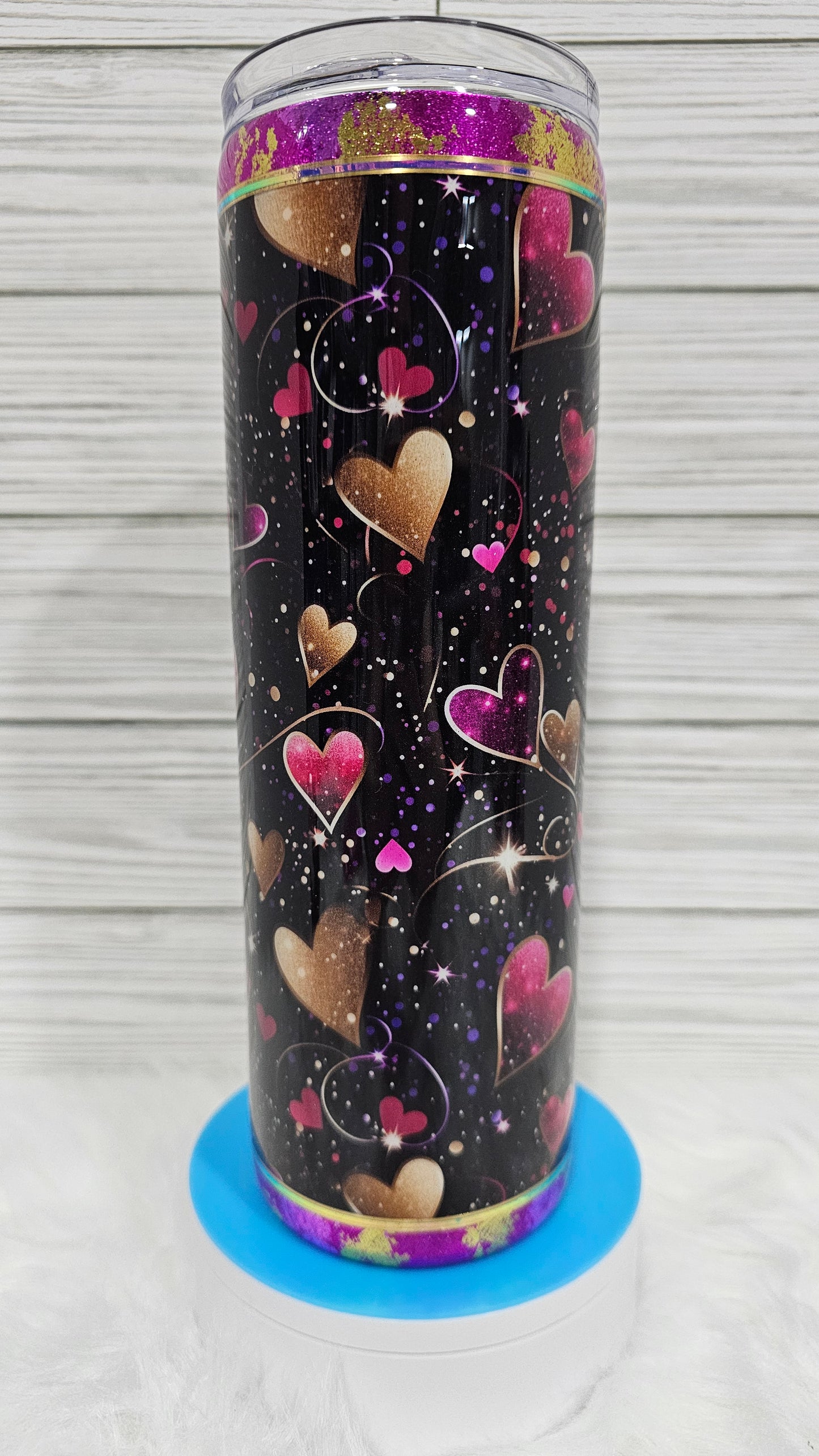 30oz Skinny Purple Gold Foil Flakes with Valentine's Heart Vinyl Epoxy Tumbler