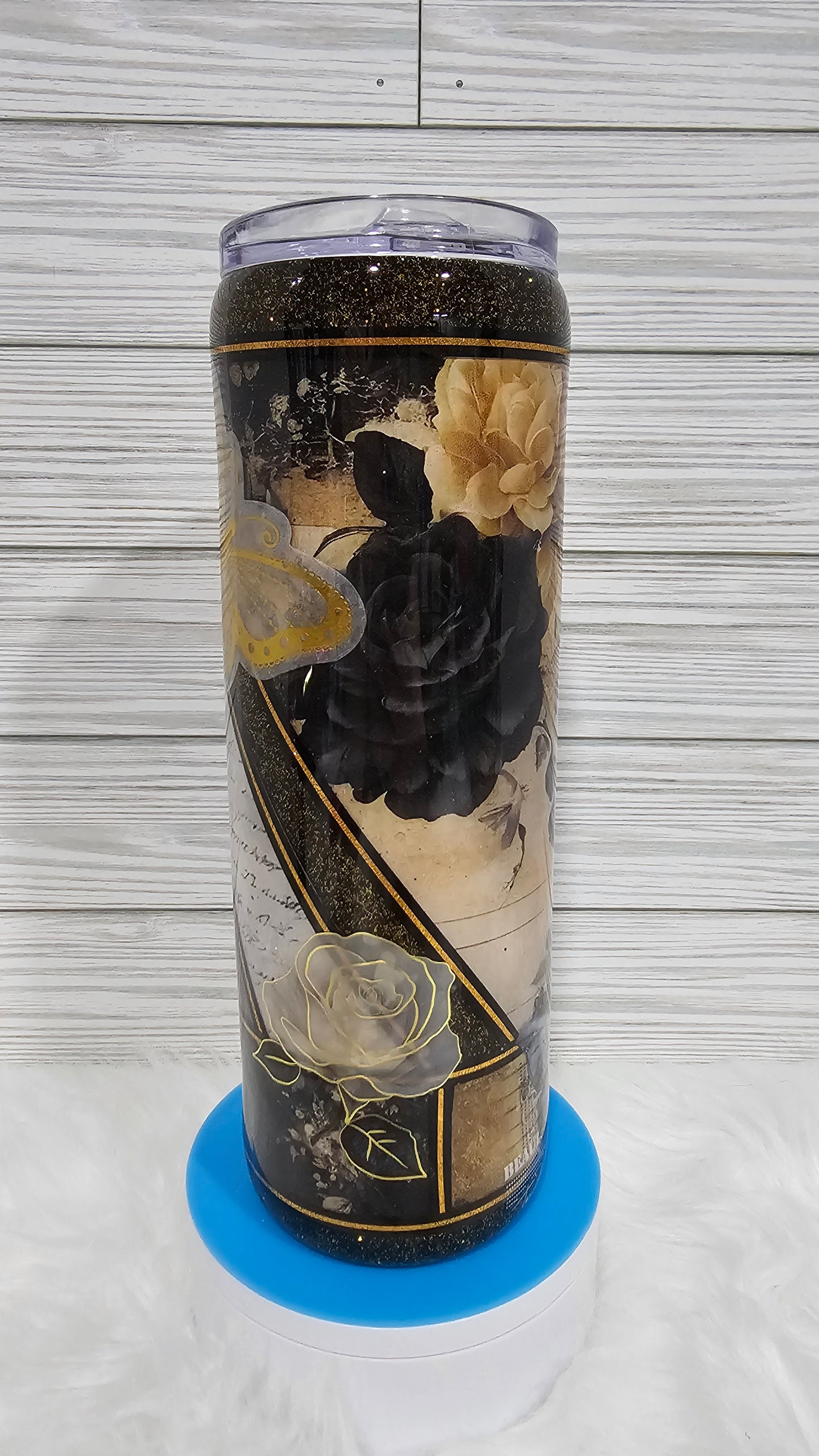 30oz Skinny Multimedia Black & Gold Roses with Script Epoxy Tumbler
