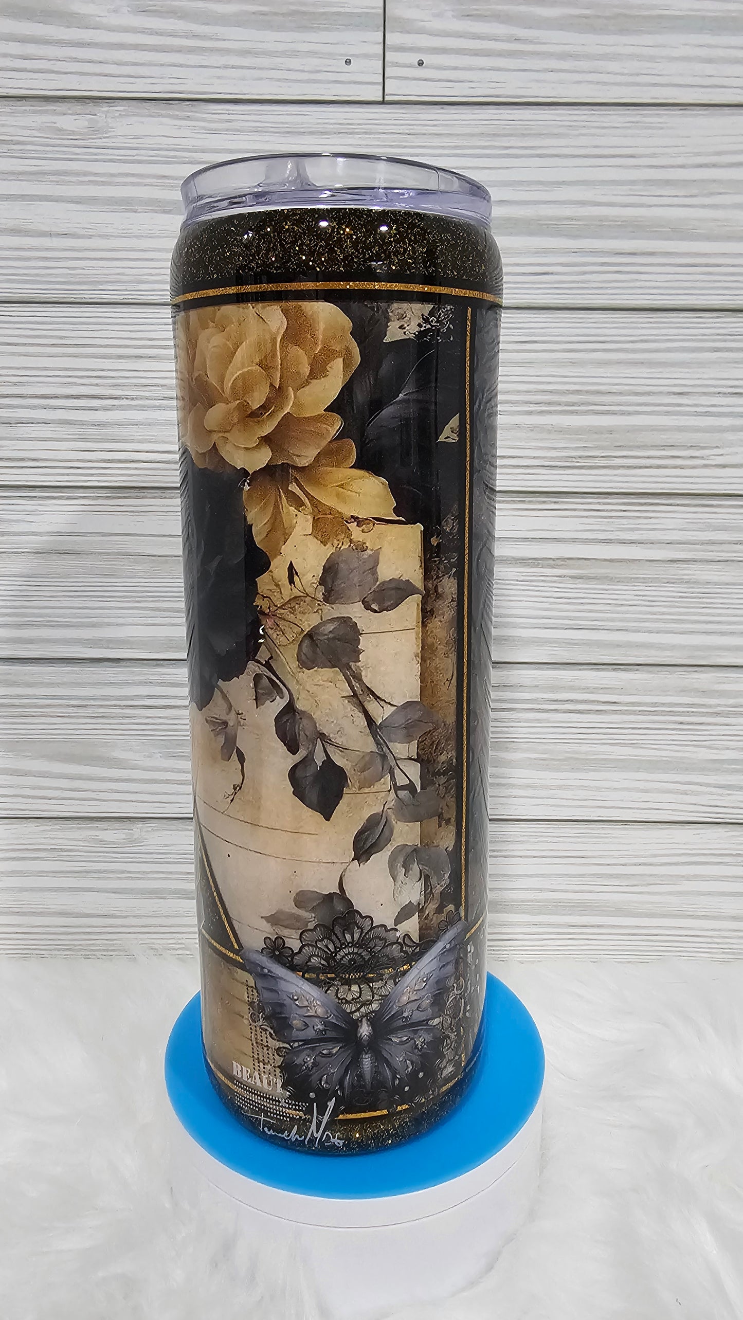 30oz Skinny Multimedia Black & Gold Roses with Script Epoxy Tumbler