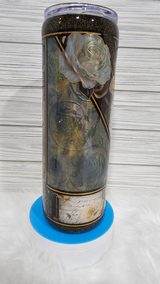 30oz Skinny Multimedia Black & Gold Roses with Script Epoxy Tumbler
