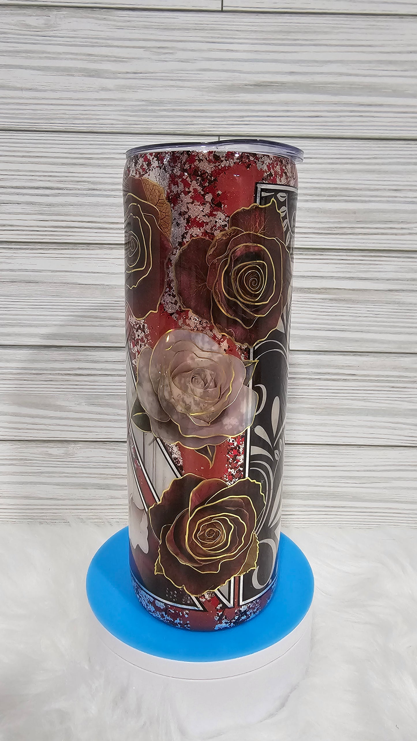 20oz Skinny Multimedia Red & White Roses with Red & Silver Flakes Epoxy Tumbler
