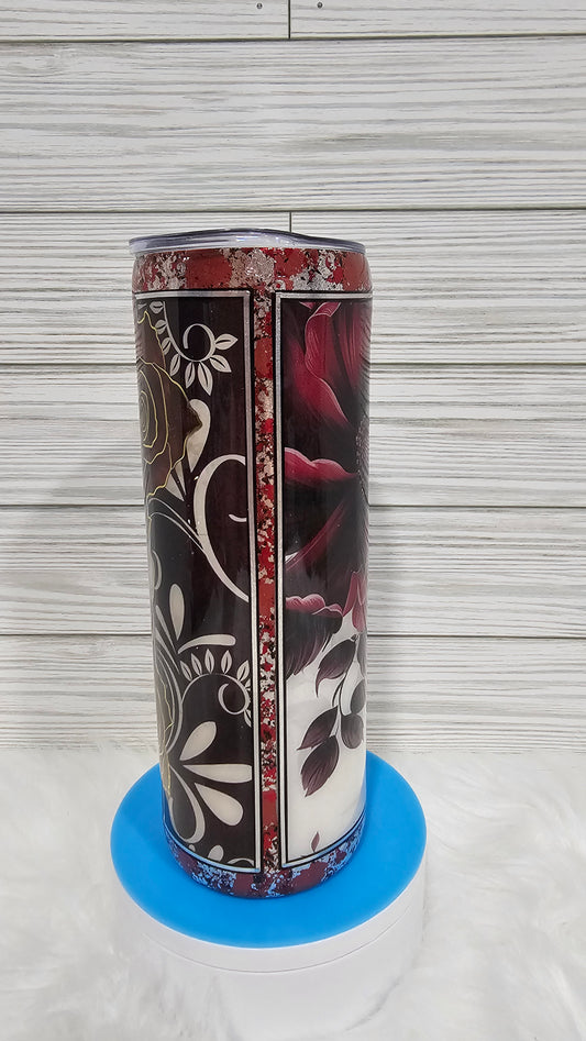 20oz Skinny Multimedia Red & White Roses with Red & Silver Flakes Epoxy Tumbler