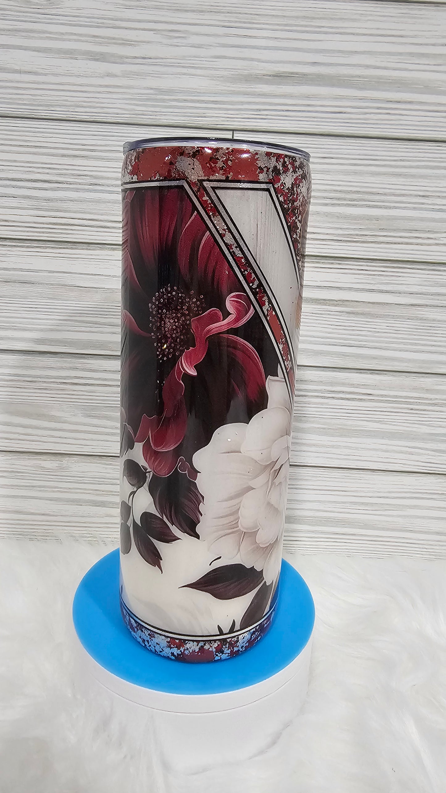 20oz Skinny Multimedia Red & White Roses with Red & Silver Flakes Epoxy Tumbler