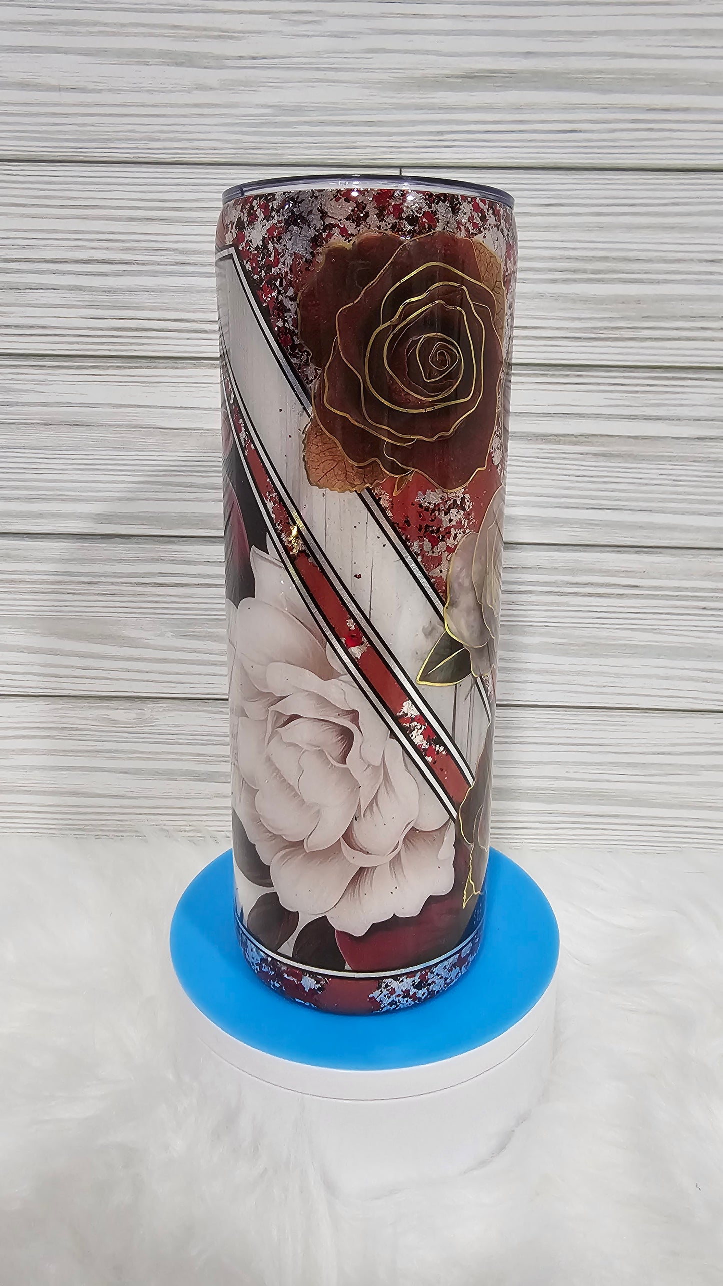 20oz Skinny Multimedia Red & White Roses with Red & Silver Flakes Epoxy Tumbler